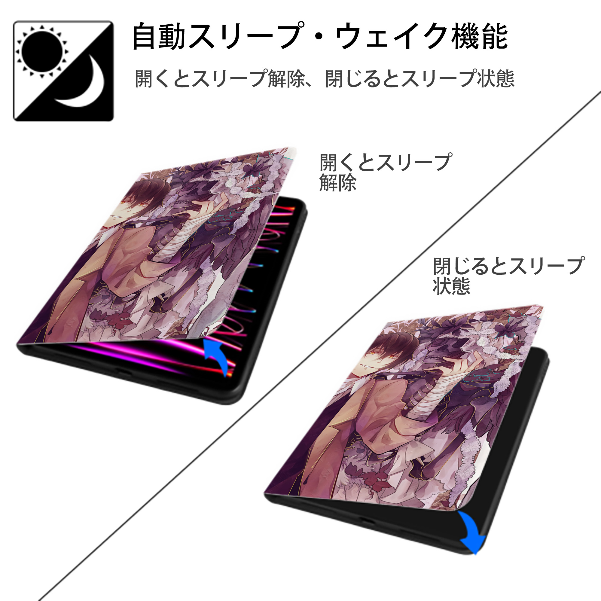 文豪ストレイドッグス Bungo Stray Dogs IPad ケース ブック型 PUレザー TPU 耐衝撃 軽量 薄型 ペン収納なし 全面保護 IPad 各モデル対応