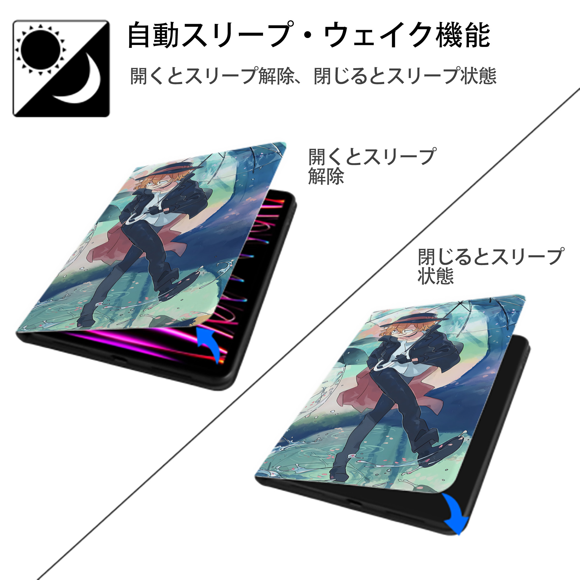 文豪ストレイドッグス Bungo Stray Dogs IPad ケース ブック型 PUレザー TPU 耐衝撃 軽量 薄型 ペン収納なし 全面保護 IPad 各モデル対応