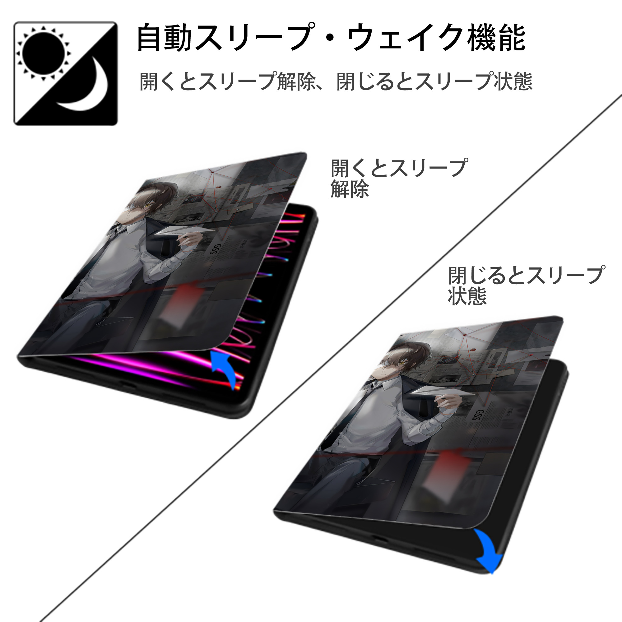 文豪ストレイドッグス Bungo Stray Dogs IPad ケース ブック型 PUレザー TPU 耐衝撃 軽量 薄型 ペン収納なし 全面保護 IPad 各モデル対応