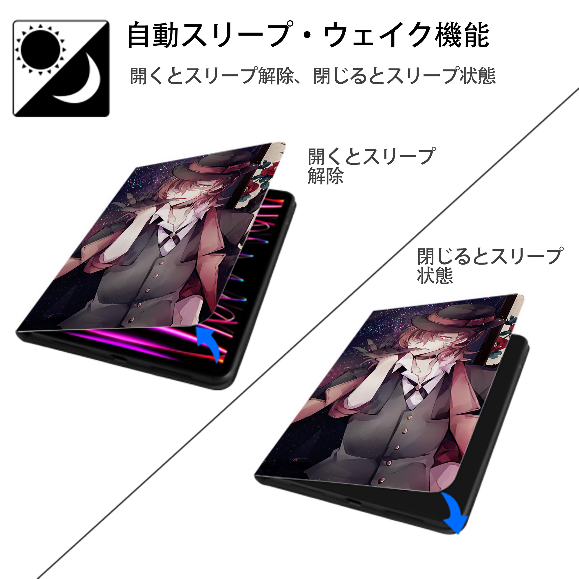 文豪ストレイドッグス Bungo Stray Dogs IPad ケース ブック型 PUレザー TPU 耐衝撃 軽量 薄型 ペン収納なし 全面保護 IPad 各モデル対応