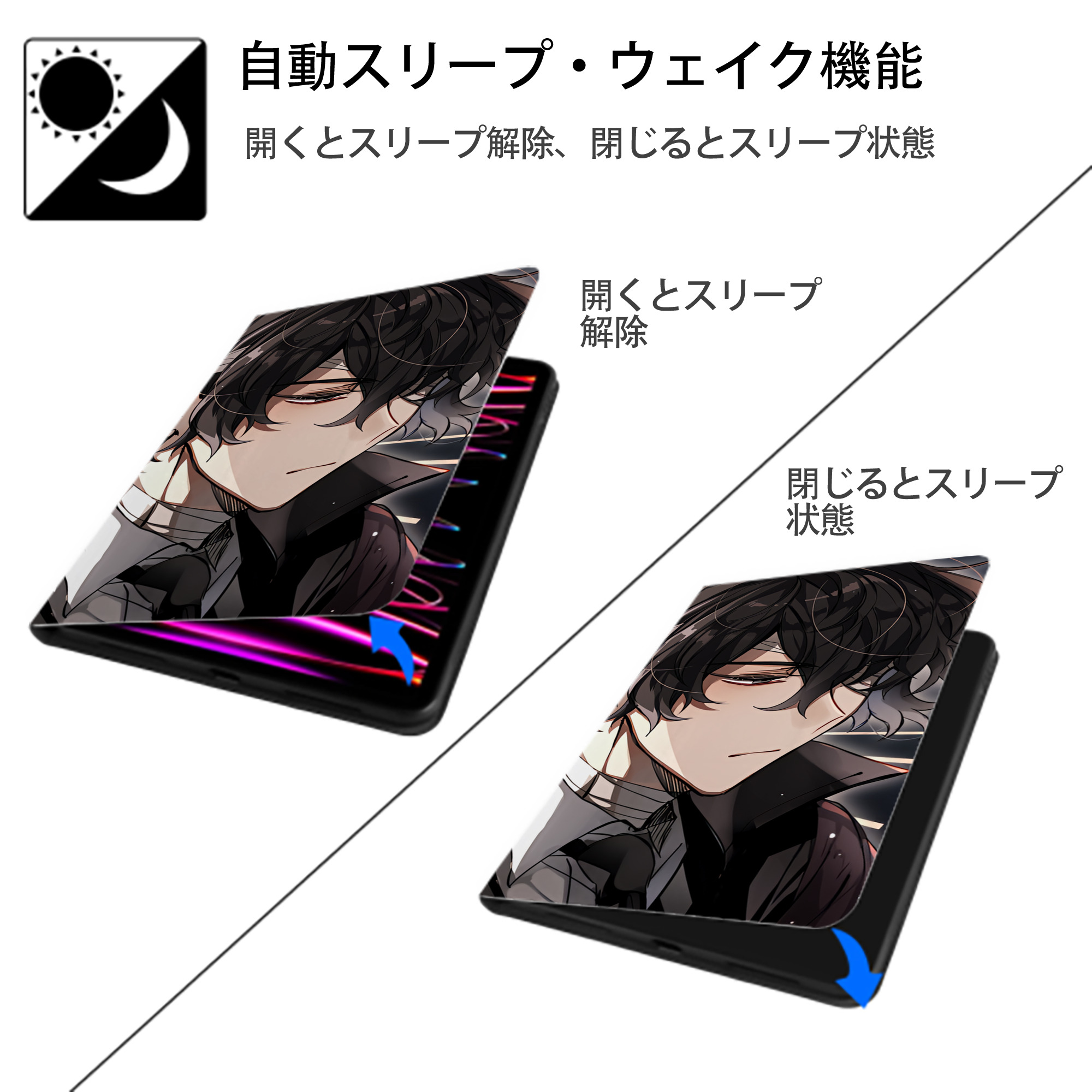文豪ストレイドッグス Bungo Stray Dogs IPad ケース ブック型 PUレザー TPU 耐衝撃 軽量 薄型 ペン収納なし 全面保護 IPad 各モデル対応