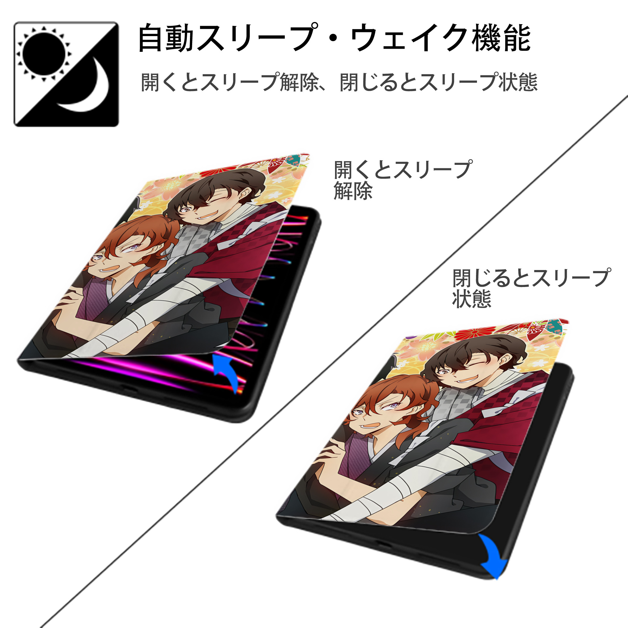 文豪ストレイドッグス Bungo Stray Dogs IPad ケース ブック型 PUレザー TPU 耐衝撃 軽量 薄型 ペン収納なし 全面保護 IPad 各モデル対応