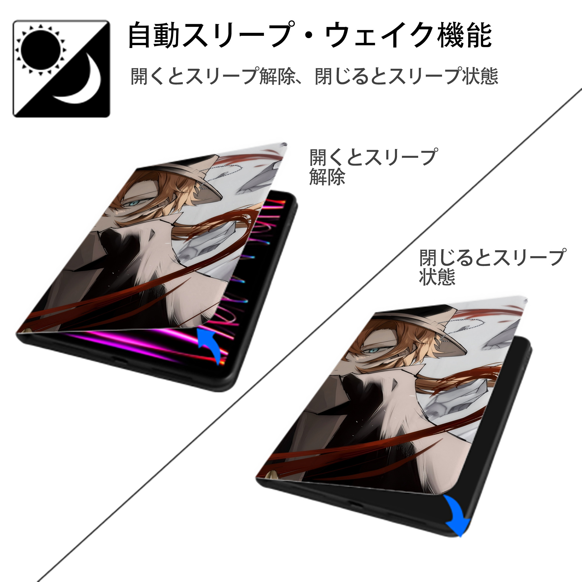 文豪ストレイドッグス Bungo Stray Dogs IPad ケース ブック型 PUレザー TPU 耐衝撃 軽量 薄型 ペン収納なし 全面保護 IPad 各モデル対応
