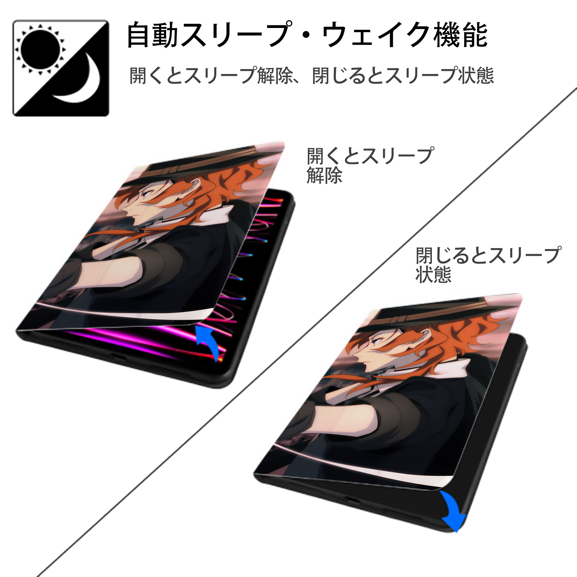 文豪ストレイドッグス Bungo Stray Dogs IPad ケース ブック型 PUレザー TPU 耐衝撃 軽量 薄型 ペン収納なし 全面保護 IPad 各モデル対応