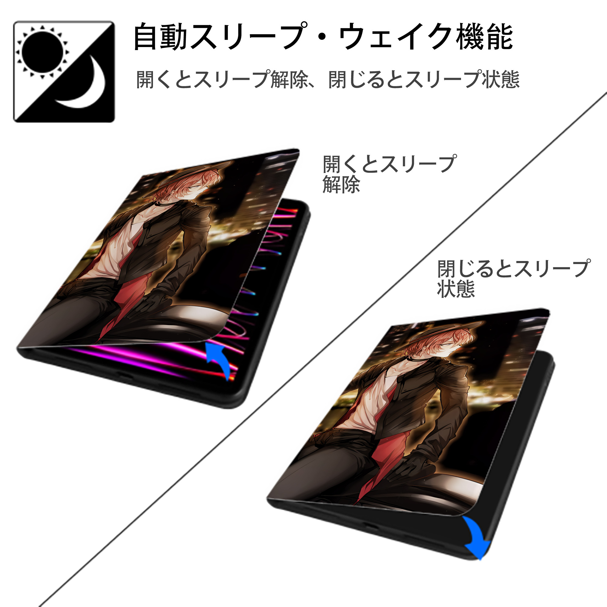 文豪ストレイドッグス Bungo Stray Dogs IPad ケース ブック型 PUレザー TPU 耐衝撃 軽量 薄型 ペン収納なし 全面保護 IPad 各モデル対応