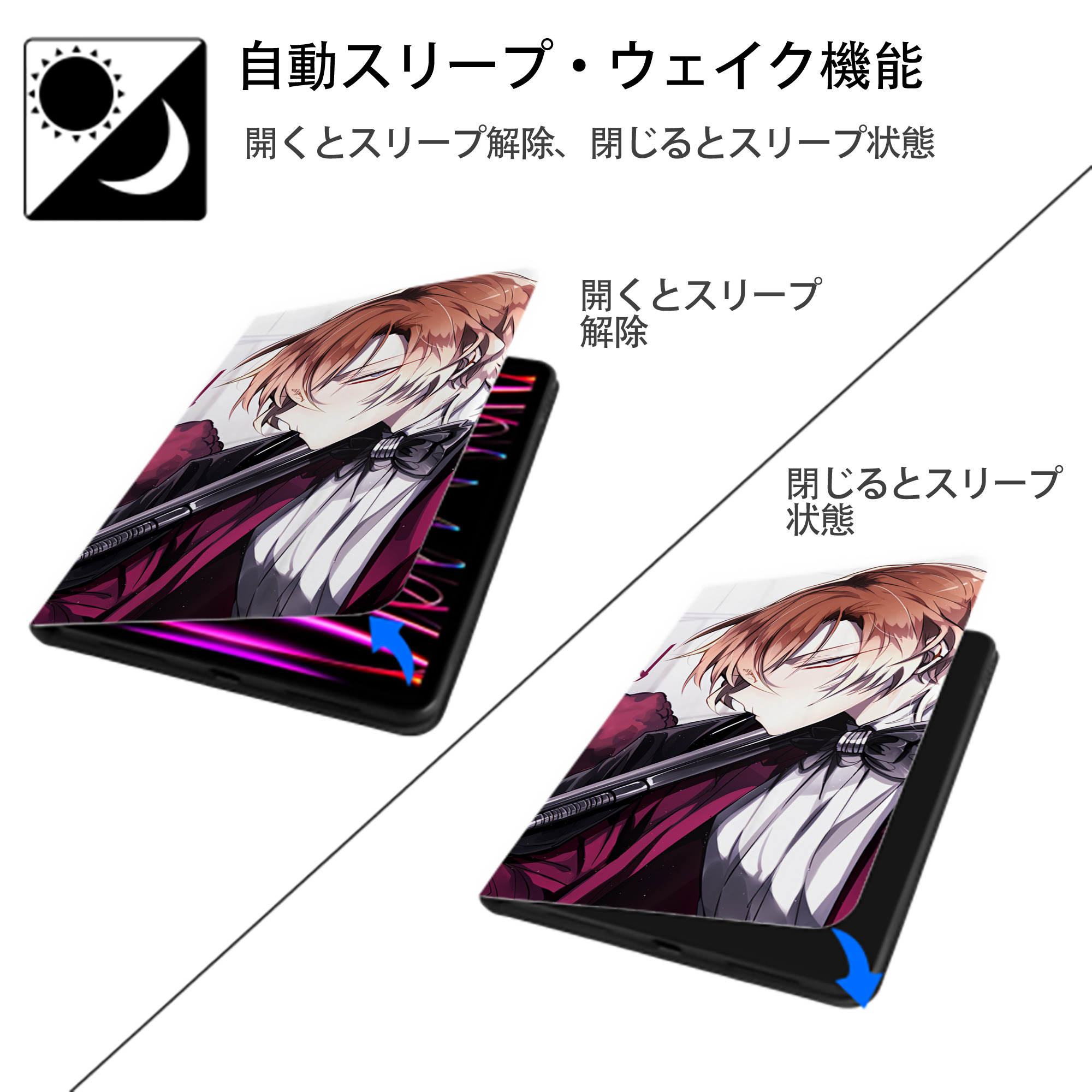 文豪ストレイドッグス Bungo Stray Dogs IPad ケース ブック型 PUレザー TPU 耐衝撃 軽量 薄型 ペン収納なし 全面保護 IPad 各モデル対応