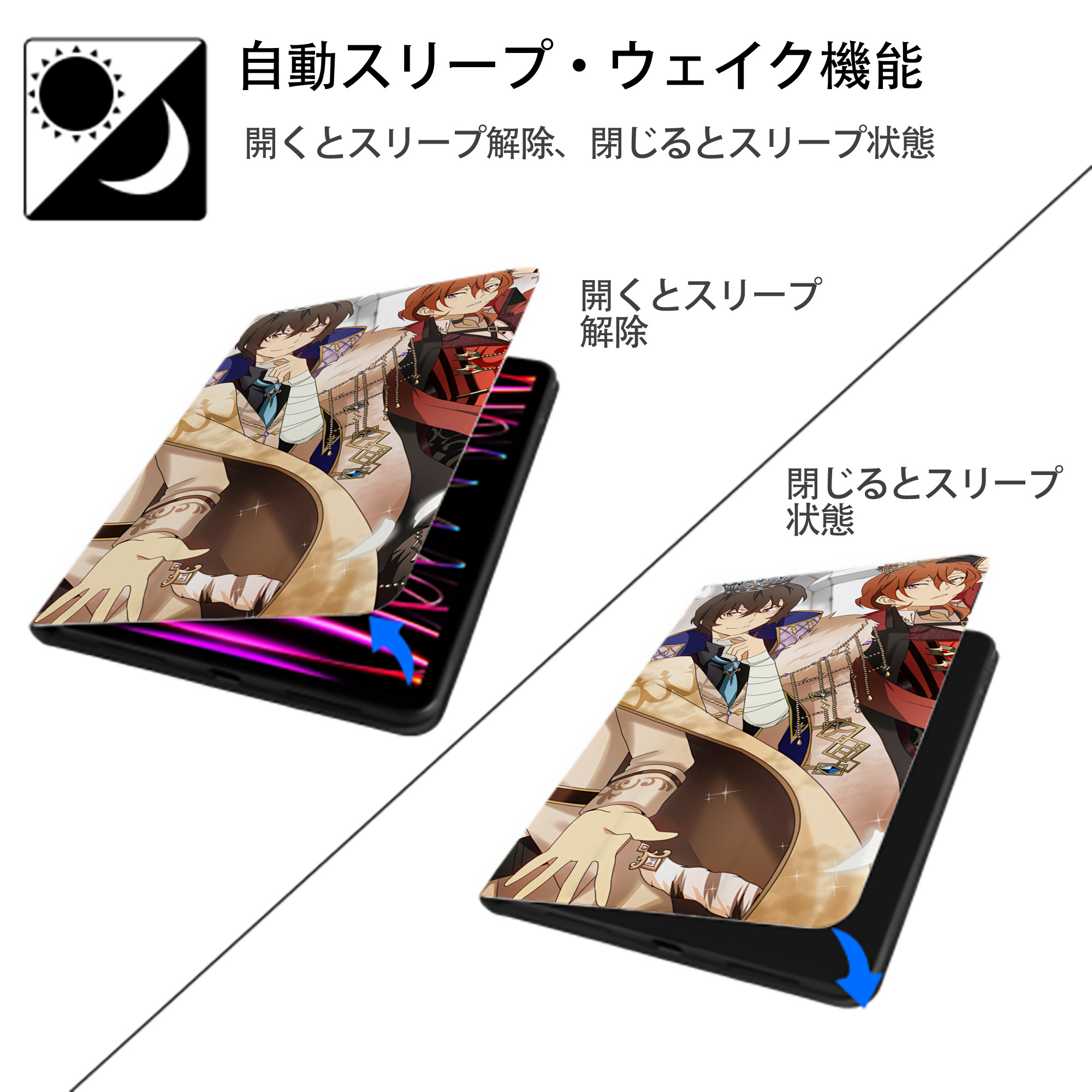 文豪ストレイドッグス Bungo Stray Dogs IPad ケース ブック型 PUレザー TPU 耐衝撃 軽量 薄型 ペン収納なし 全面保護 IPad 各モデル対応