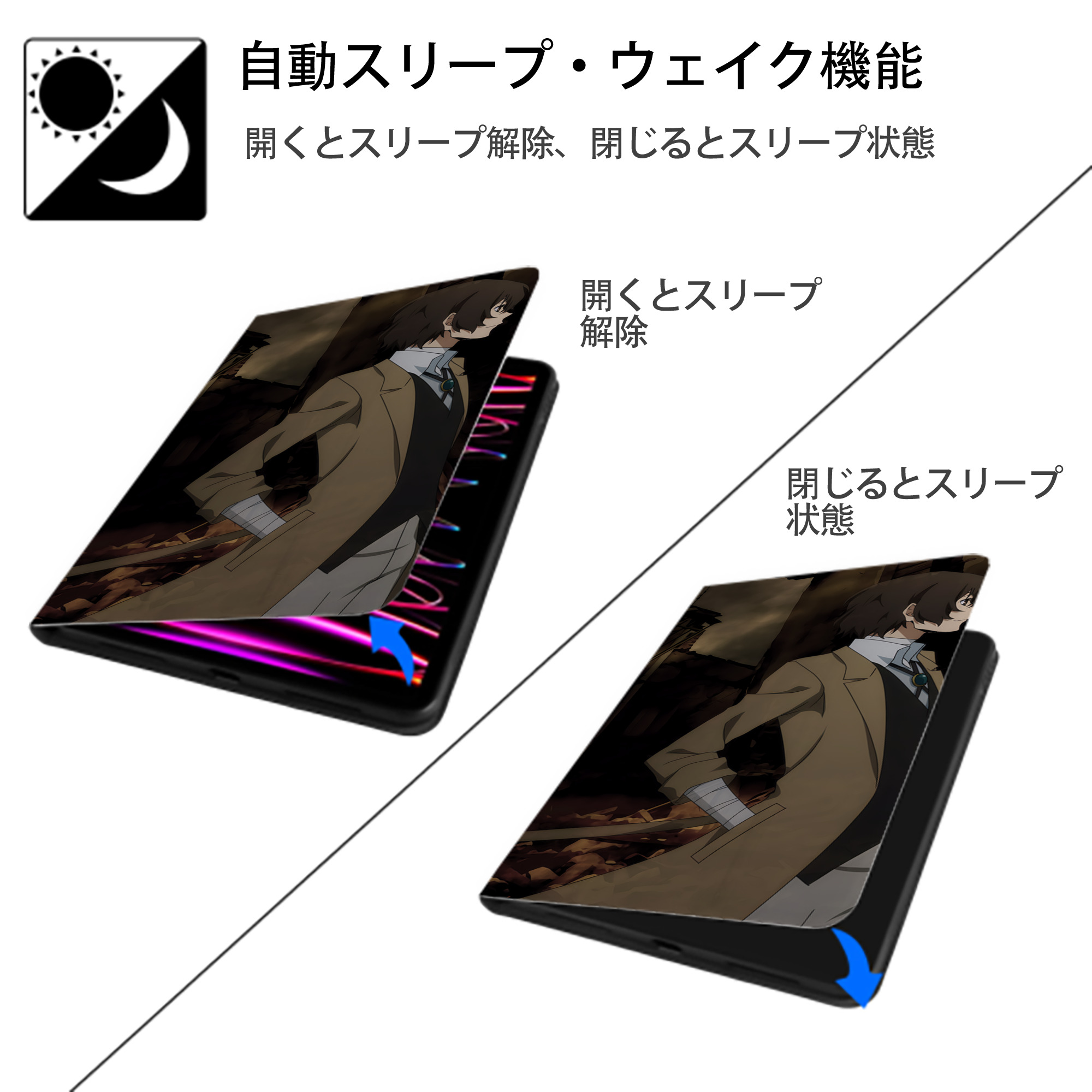 文豪ストレイドッグス Bungo Stray Dogs IPad ケース ブック型 PUレザー TPU 耐衝撃 軽量 薄型 ペン収納なし 全面保護 IPad 各モデル対応