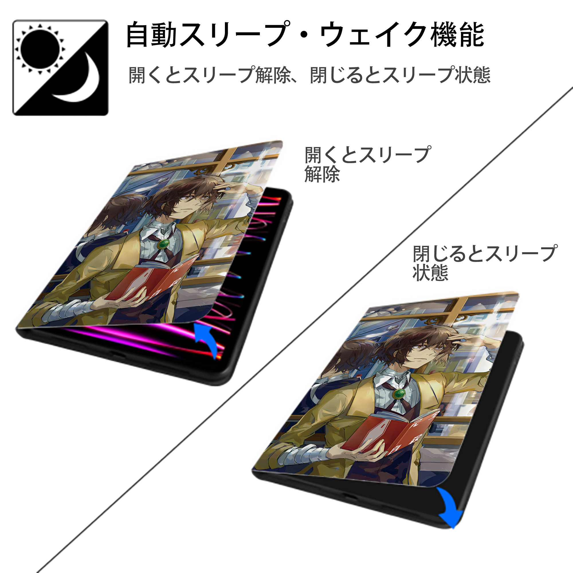 文豪ストレイドッグス Bungo Stray Dogs IPad ケース ブック型 PUレザー TPU 耐衝撃 軽量 薄型 ペン収納なし 全面保護 IPad 各モデル対応