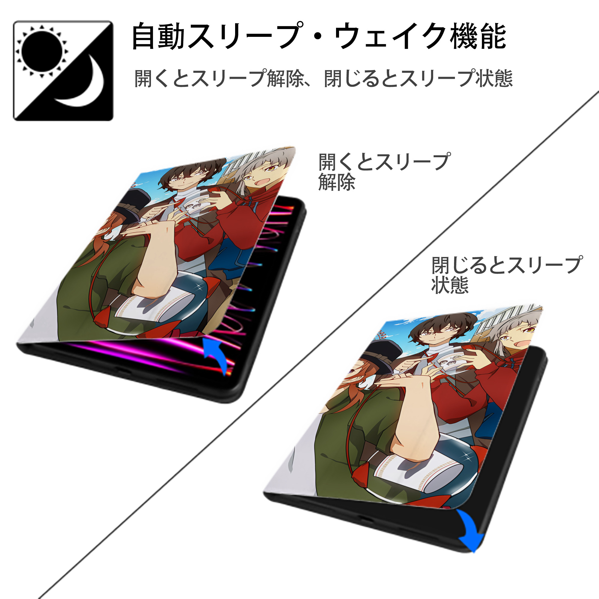 文豪ストレイドッグス Bungo Stray Dogs IPad ケース ブック型 PUレザー TPU 耐衝撃 軽量 薄型 ペン収納なし 全面保護 IPad 各モデル対応