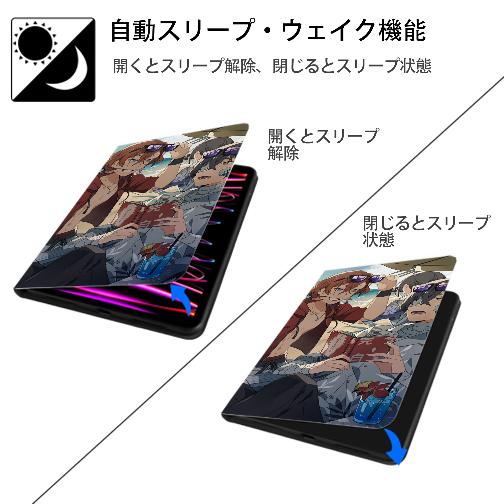 文豪ストレイドッグス Bungo Stray Dogs IPad ケース ブック型 PUレザー TPU 耐衝撃 軽量 薄型 ペン収納なし 全面保護 IPad 各モデル対応
