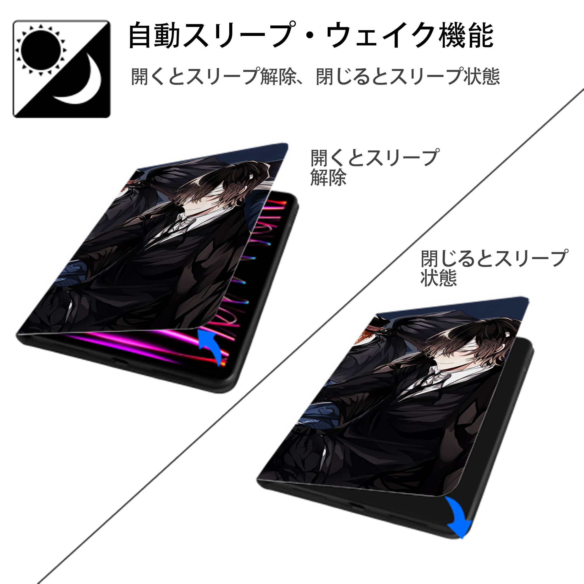 文豪ストレイドッグス Bungo Stray Dogs IPad ケース ブック型 PUレザー TPU 耐衝撃 軽量 薄型 ペン収納なし 全面保護 IPad 各モデル対応