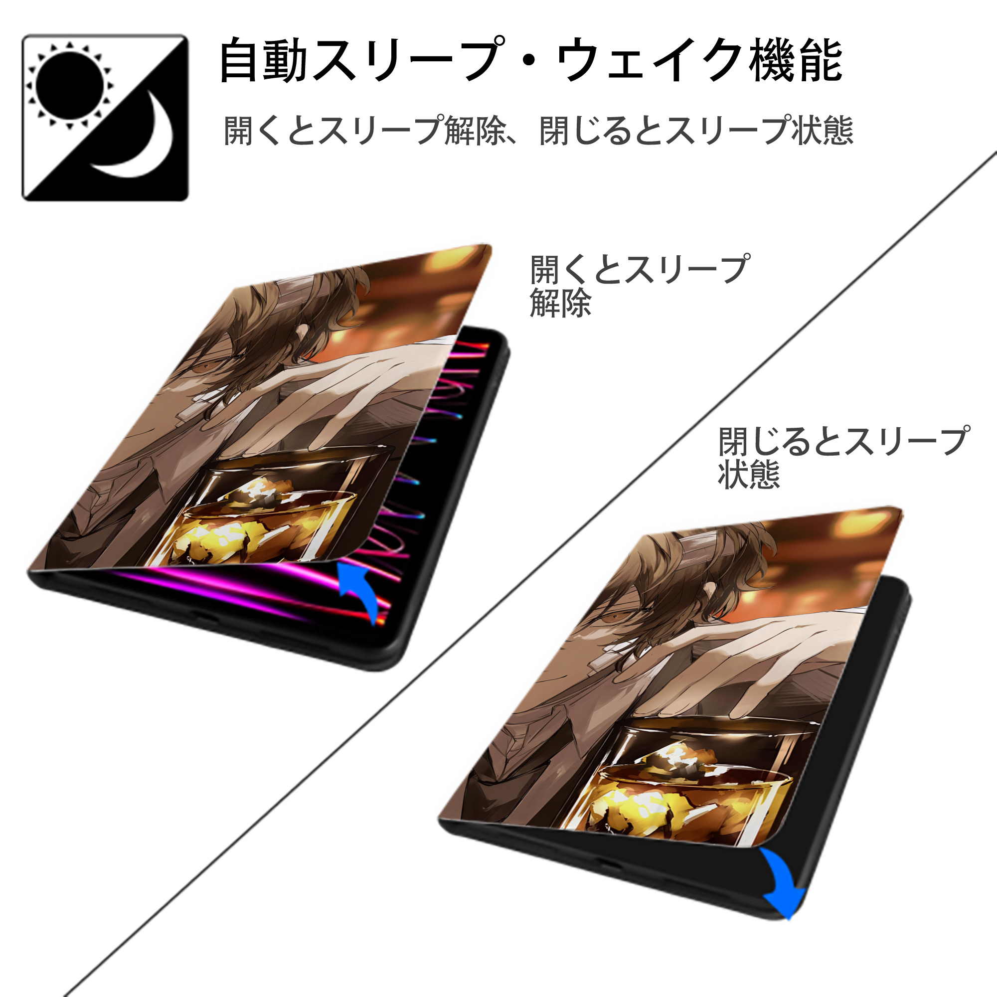 文豪ストレイドッグス Bungo Stray Dogs IPad ケース ブック型 PUレザー TPU 耐衝撃 軽量 薄型 ペン収納なし 全面保護 IPad 各モデル対応