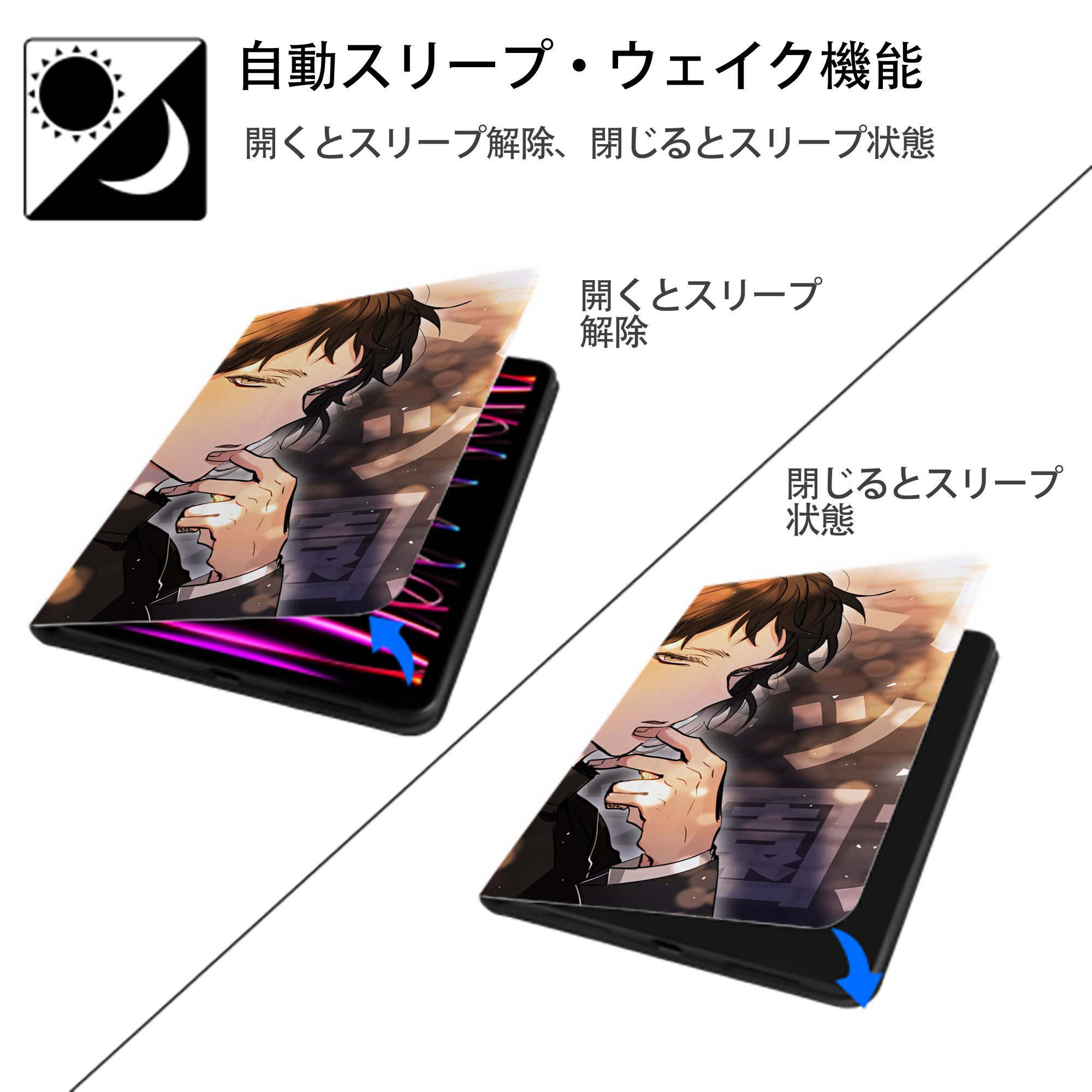 文豪ストレイドッグス Bungo Stray Dogs IPad ケース ブック型 PUレザー TPU 耐衝撃 軽量 薄型 ペン収納なし 全面保護 IPad 各モデル対応