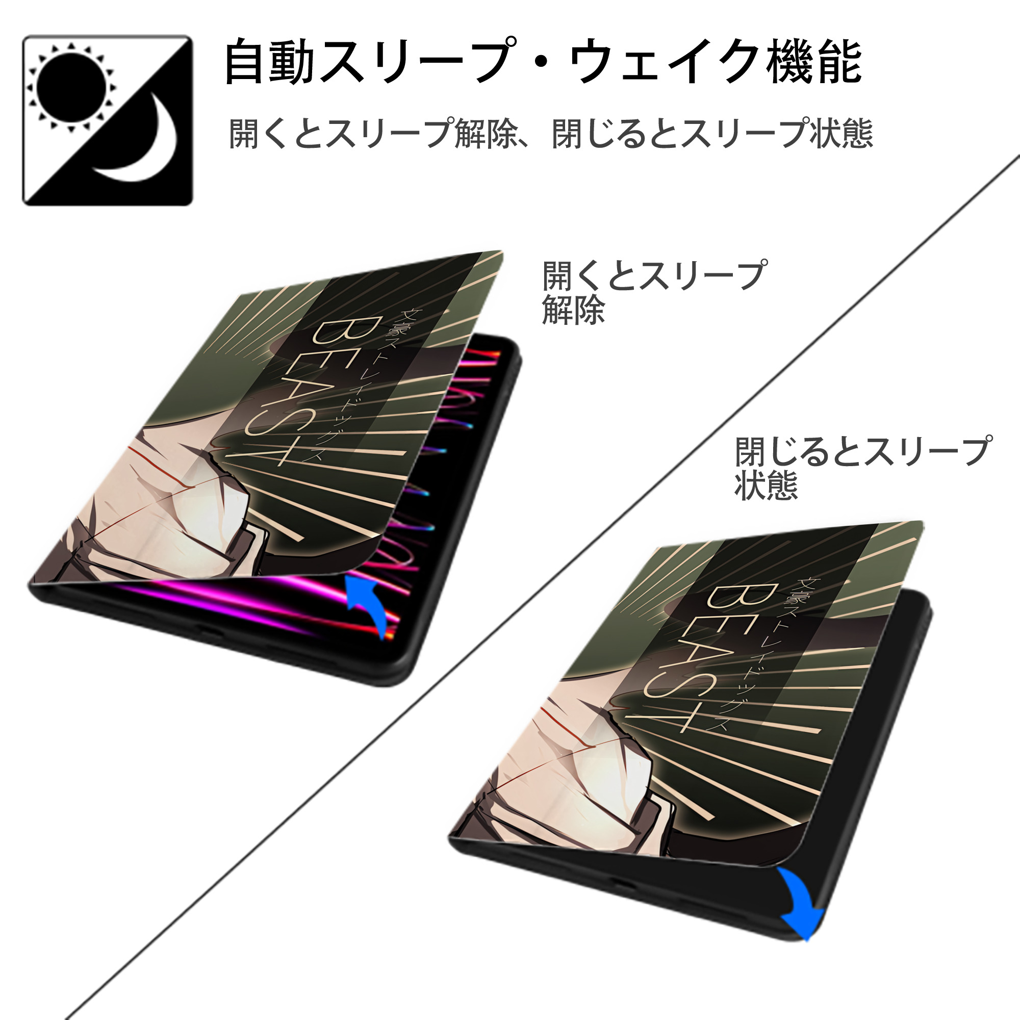 文豪ストレイドッグス Bungo Stray Dogs IPad ケース ブック型 PUレザー TPU 耐衝撃 軽量 薄型 ペン収納なし 全面保護 IPad 各モデル対応