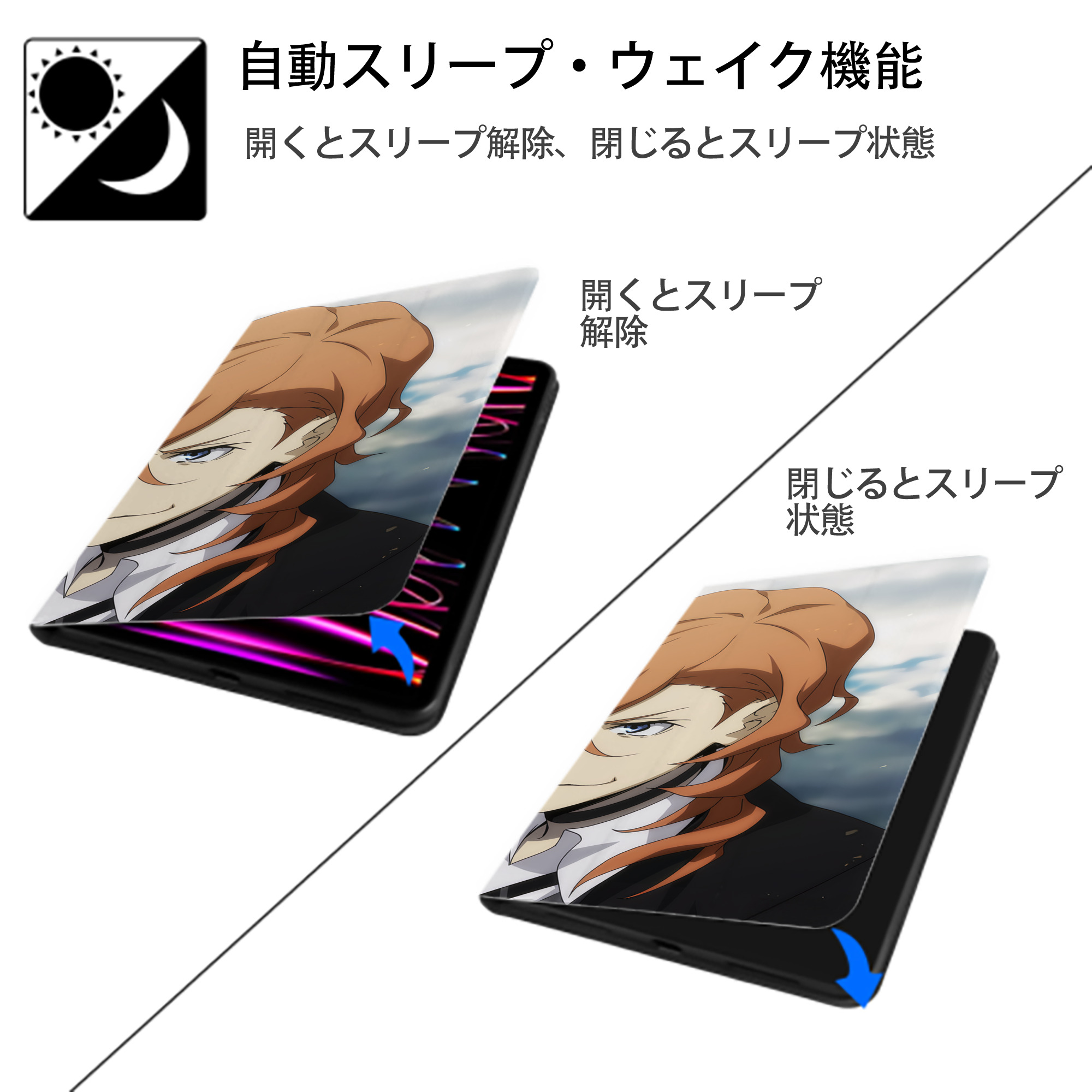 文豪ストレイドッグス Bungo Stray Dogs IPad ケース ブック型 PUレザー TPU 耐衝撃 軽量 薄型 ペン収納なし 全面保護 IPad 各モデル対応