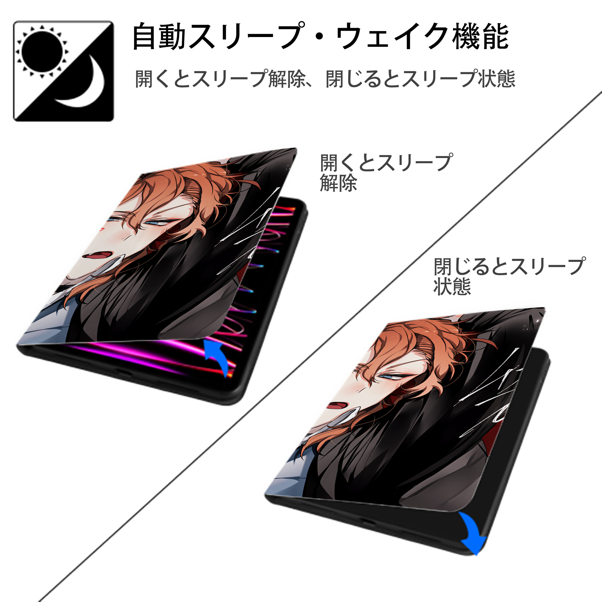 文豪ストレイドッグス Bungo Stray Dogs IPad ケース ブック型 PUレザー TPU 耐衝撃 軽量 薄型 ペン収納なし 全面保護 IPad 各モデル対応