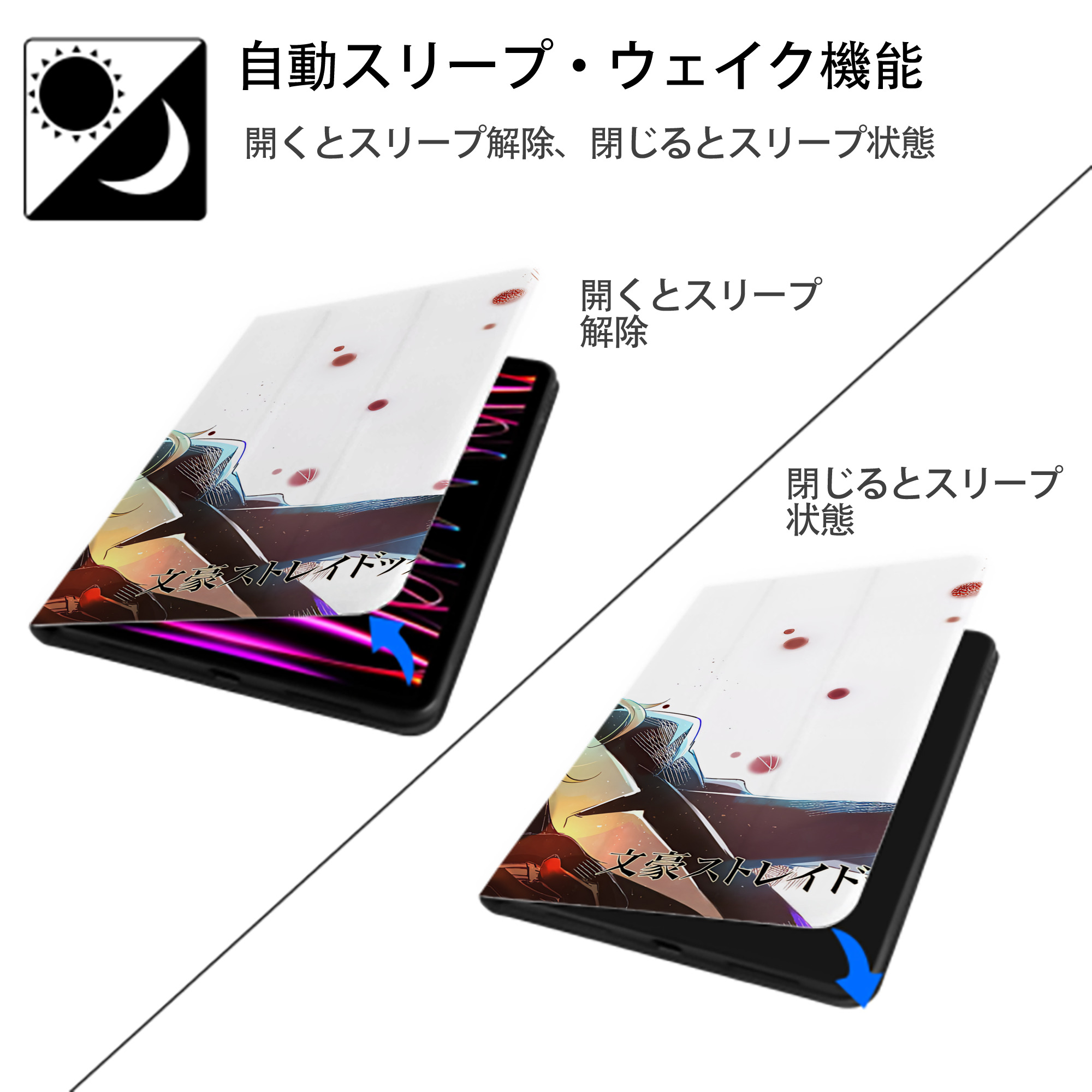 文豪ストレイドッグス Bungo Stray Dogs IPad ケース ブック型 PUレザー TPU 耐衝撃 軽量 薄型 ペン収納なし 全面保護 IPad 各モデル対応