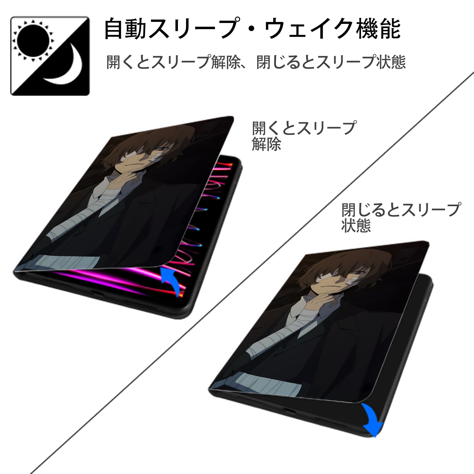 文豪ストレイドッグス Bungo Stray Dogs IPad ケース ブック型 PUレザー TPU 耐衝撃 軽量 薄型 ペン収納なし 全面保護 IPad 各モデル対応