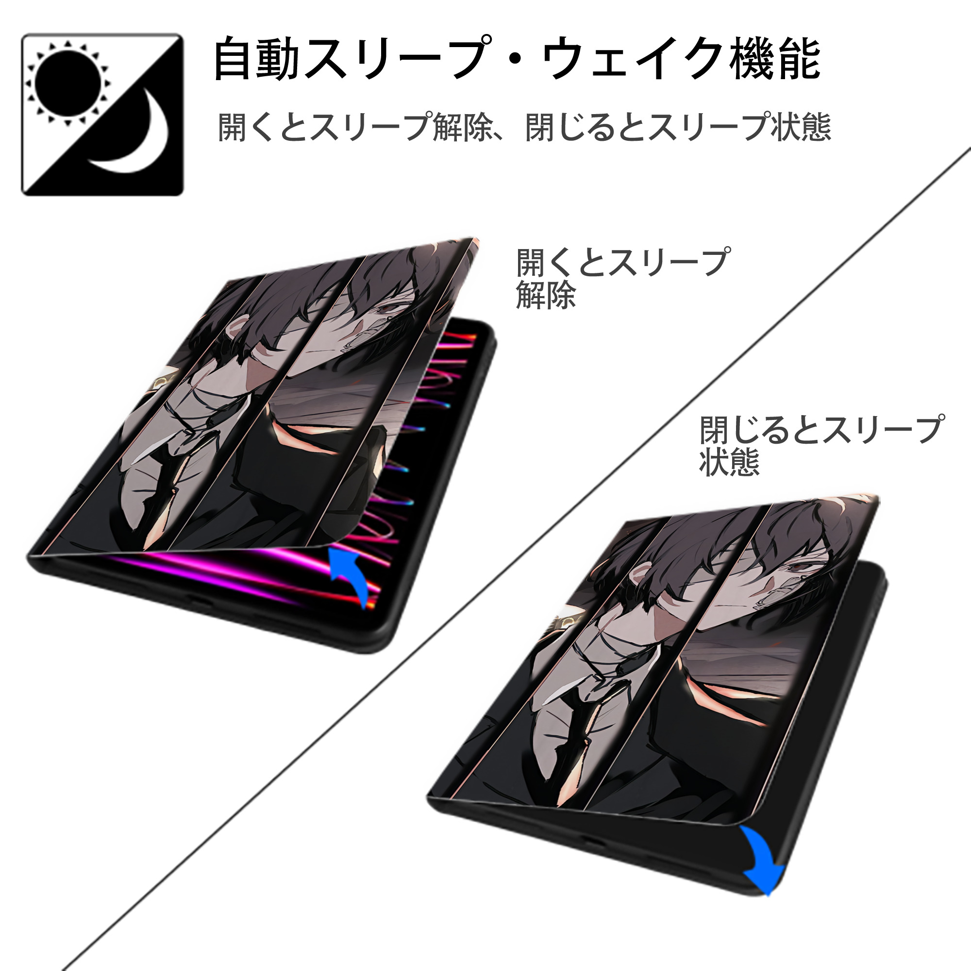 文豪ストレイドッグス Bungo Stray Dogs IPad ケース ブック型 PUレザー TPU 耐衝撃 軽量 薄型 ペン収納なし 全面保護 IPad 各モデル対応