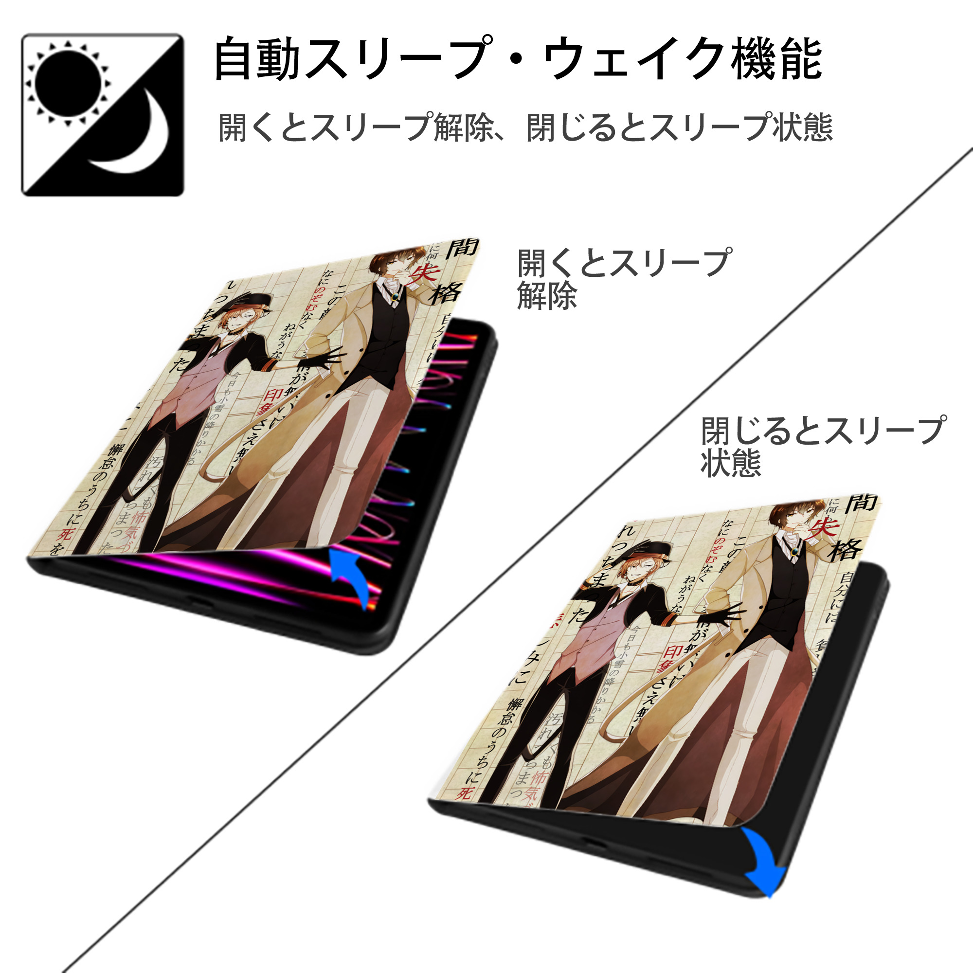 文豪ストレイドッグス Bungo Stray Dogs IPad ケース ペン収納付き 三つ折りスタンド PUレザー×シリコン 対応機種9.5/10.5/10.9インチ