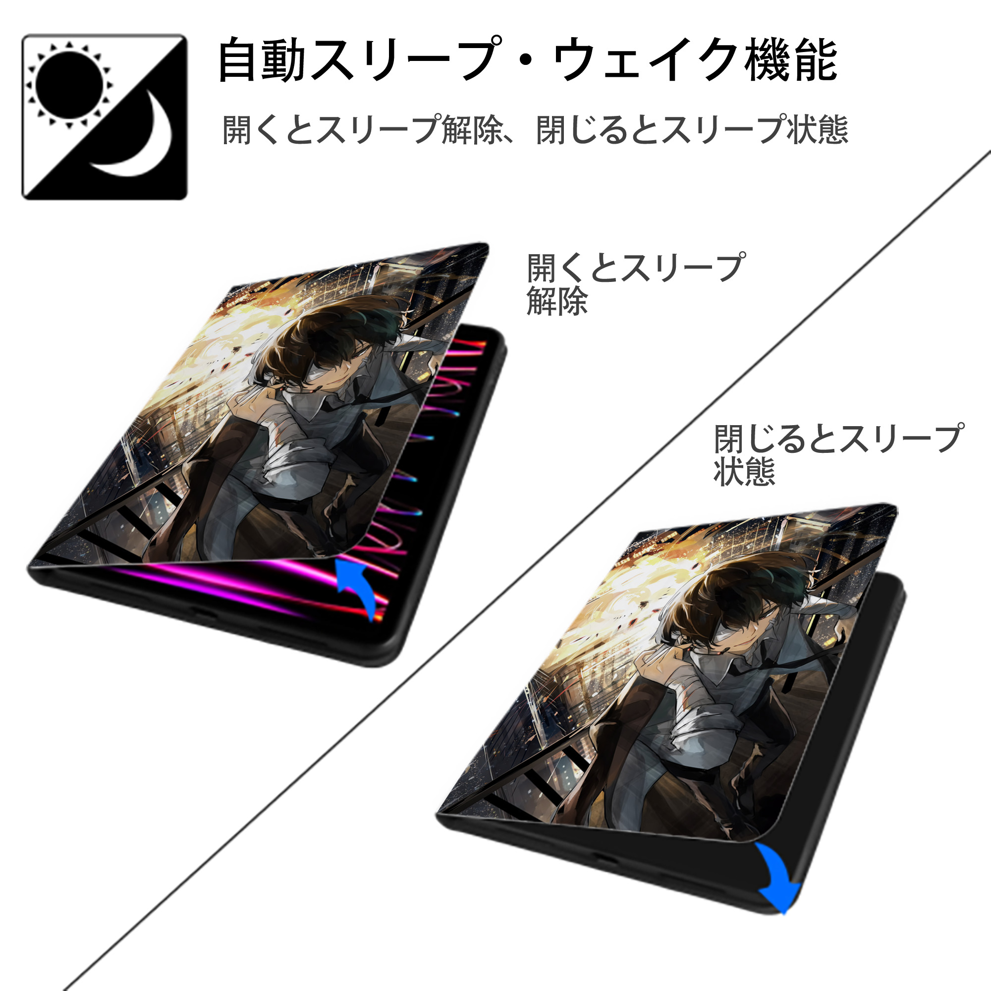 文豪ストレイドッグス Bungo Stray Dogs IPad ケース ペン収納付き 三つ折りスタンド PUレザー×シリコン 対応機種9.5/10.5/10.9インチ