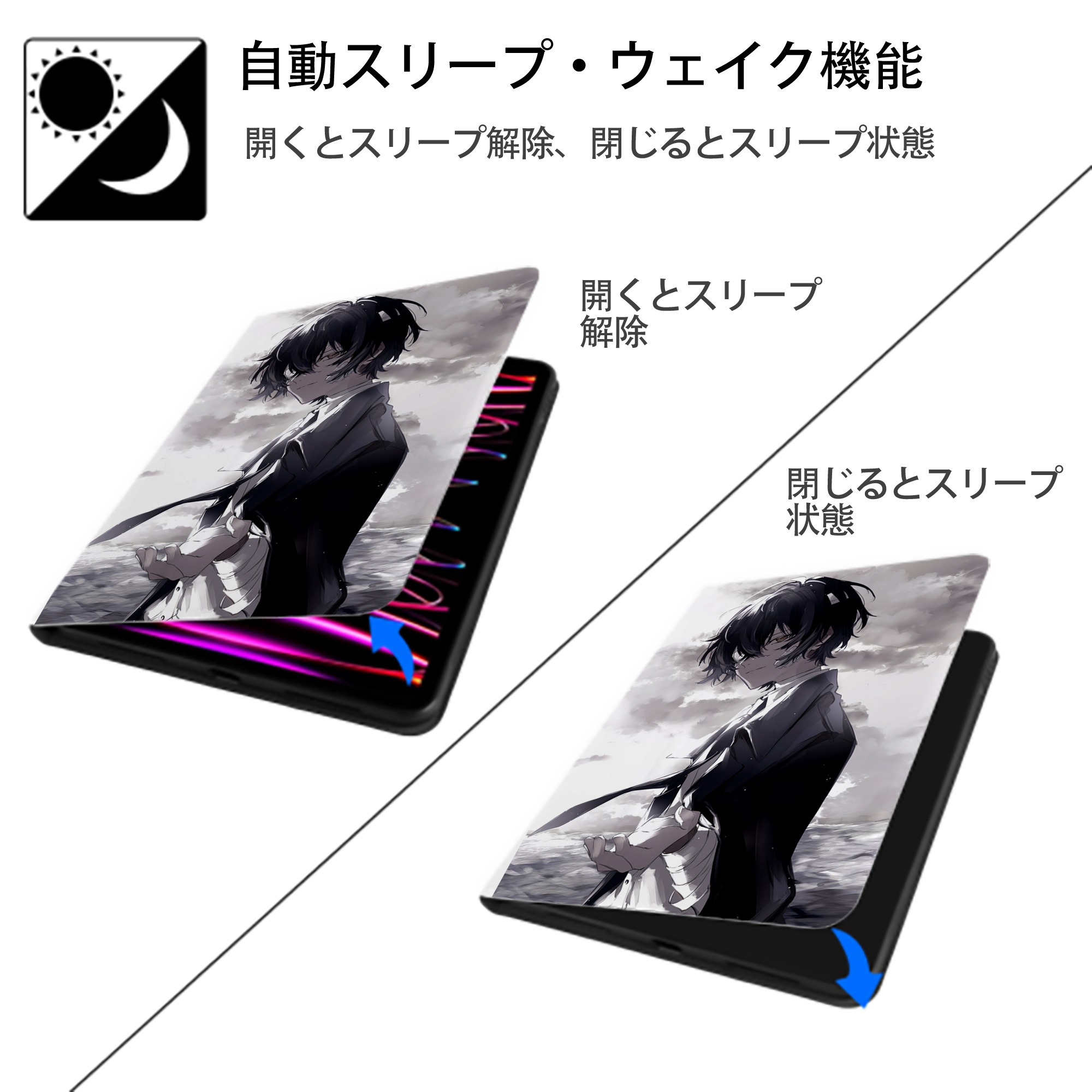 文豪ストレイドッグス Bungo Stray Dogs IPad ケース ペン収納付き 三つ折りスタンド PUレザー×シリコン 対応機種9.5/10.5/10.9インチ