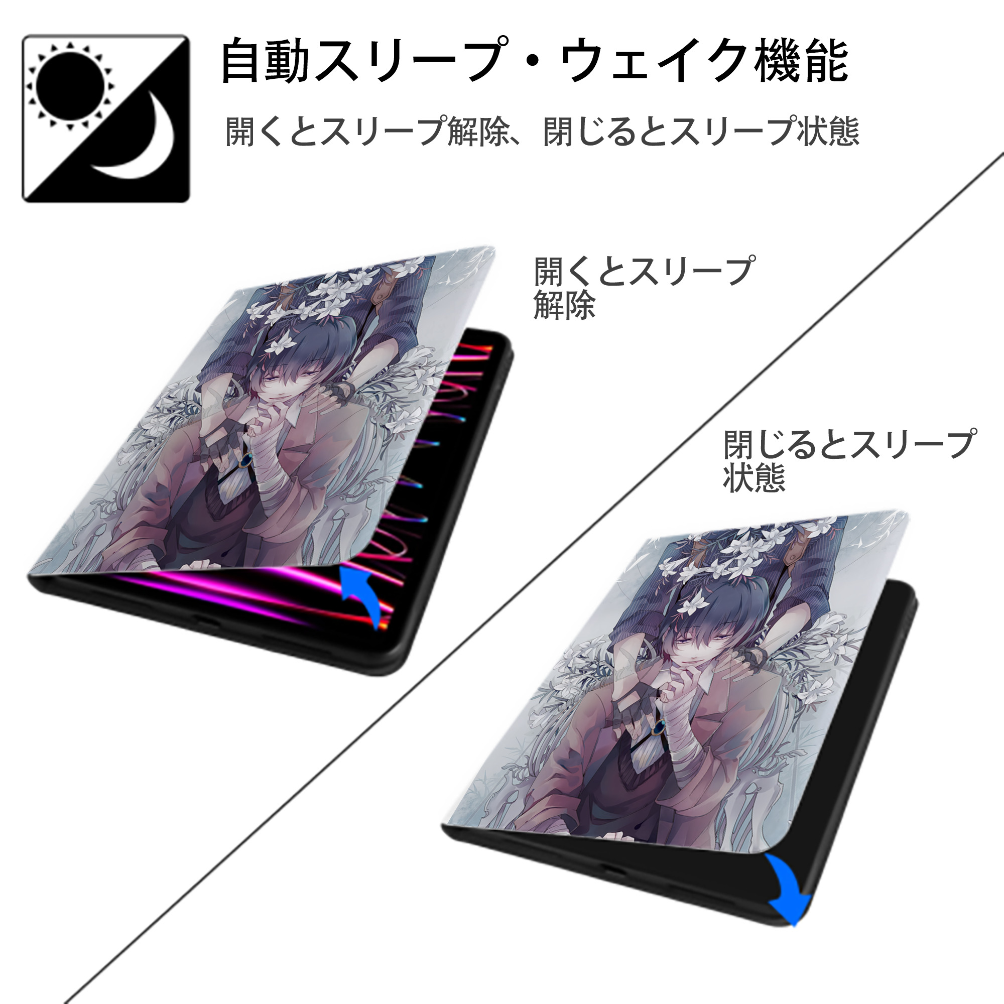 文豪ストレイドッグス Bungo Stray Dogs IPad ケース ペン収納付き 三つ折りスタンド PUレザー×シリコン 対応機種9.5/10.5/10.9インチ