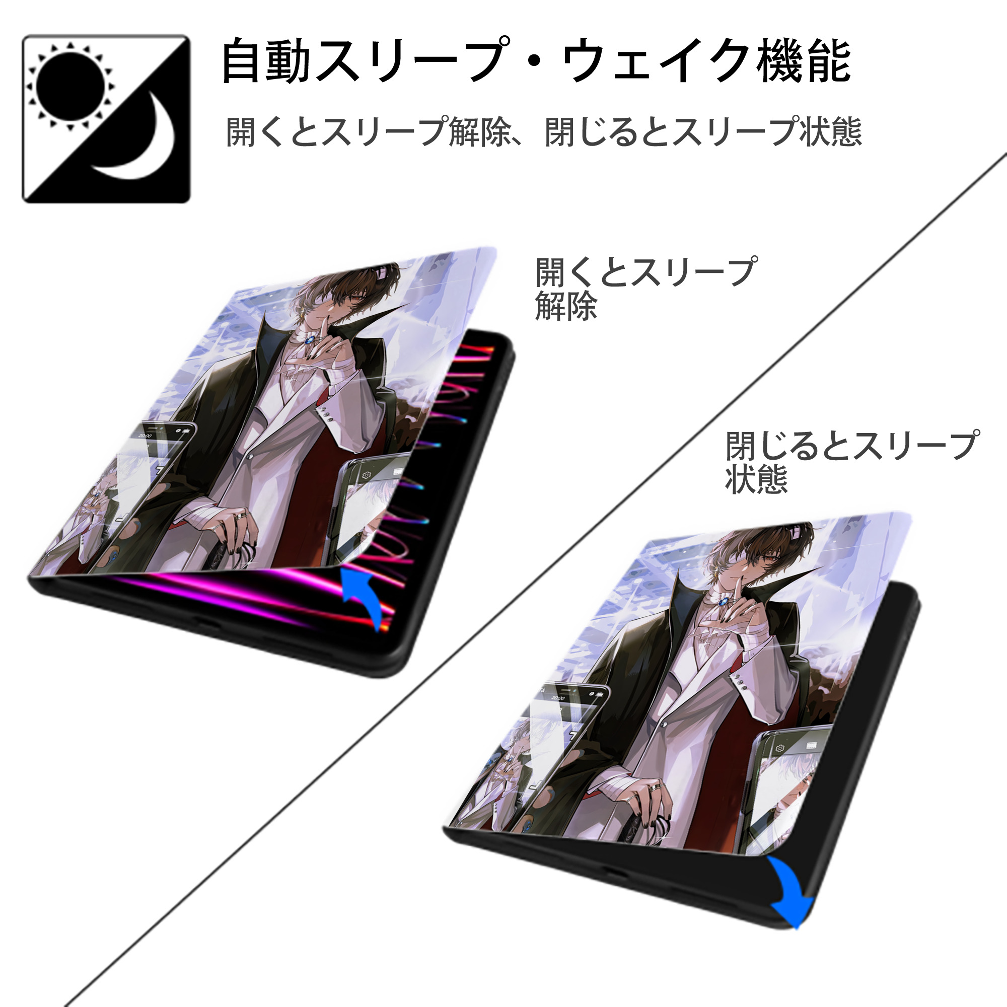 文豪ストレイドッグス Bungo Stray Dogs IPad ケース ペン収納付き 三つ折りスタンド PUレザー×シリコン 対応機種9.5/10.5/10.9インチ