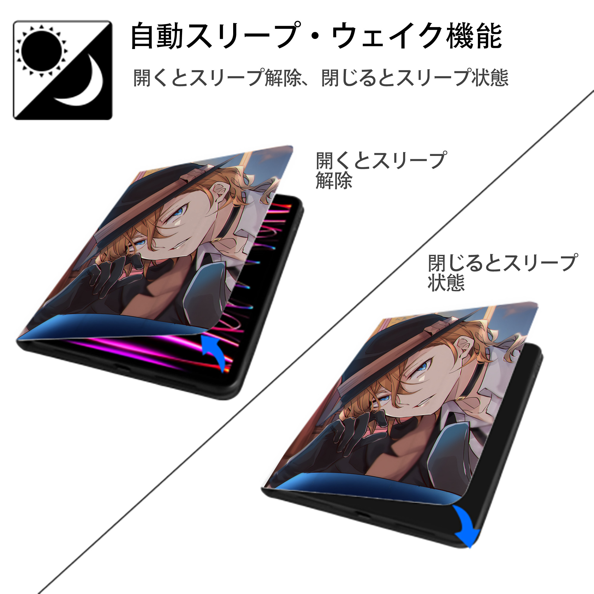 文豪ストレイドッグス Bungo Stray Dogs IPad ケース ペン収納付き 三つ折りスタンド PUレザー×シリコン 対応機種9.5/10.5/10.9インチ