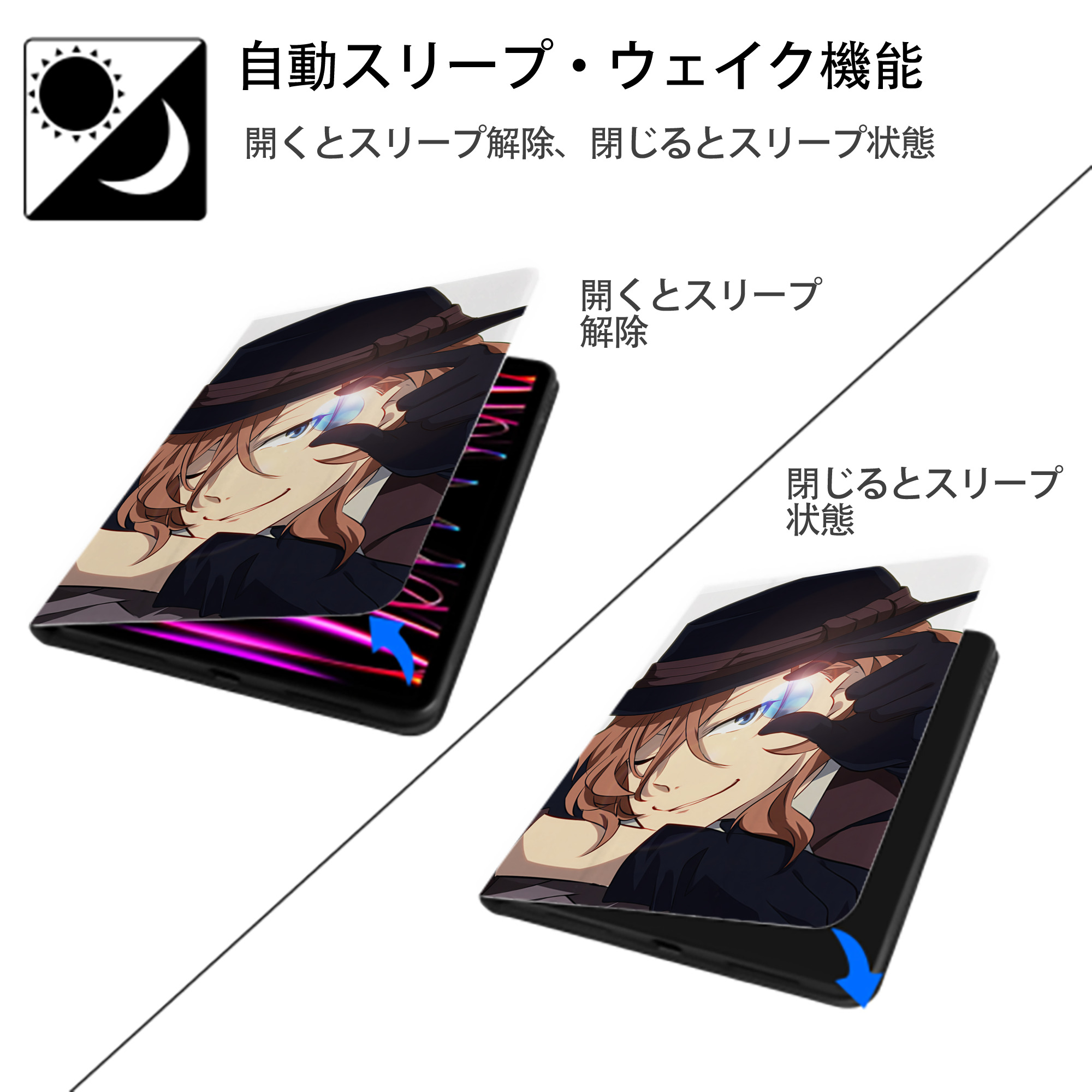 文豪ストレイドッグス Bungo Stray Dogs IPad ケース ペン収納付き 三つ折りスタンド PUレザー×シリコン 対応機種9.5/10.5/10.9インチ