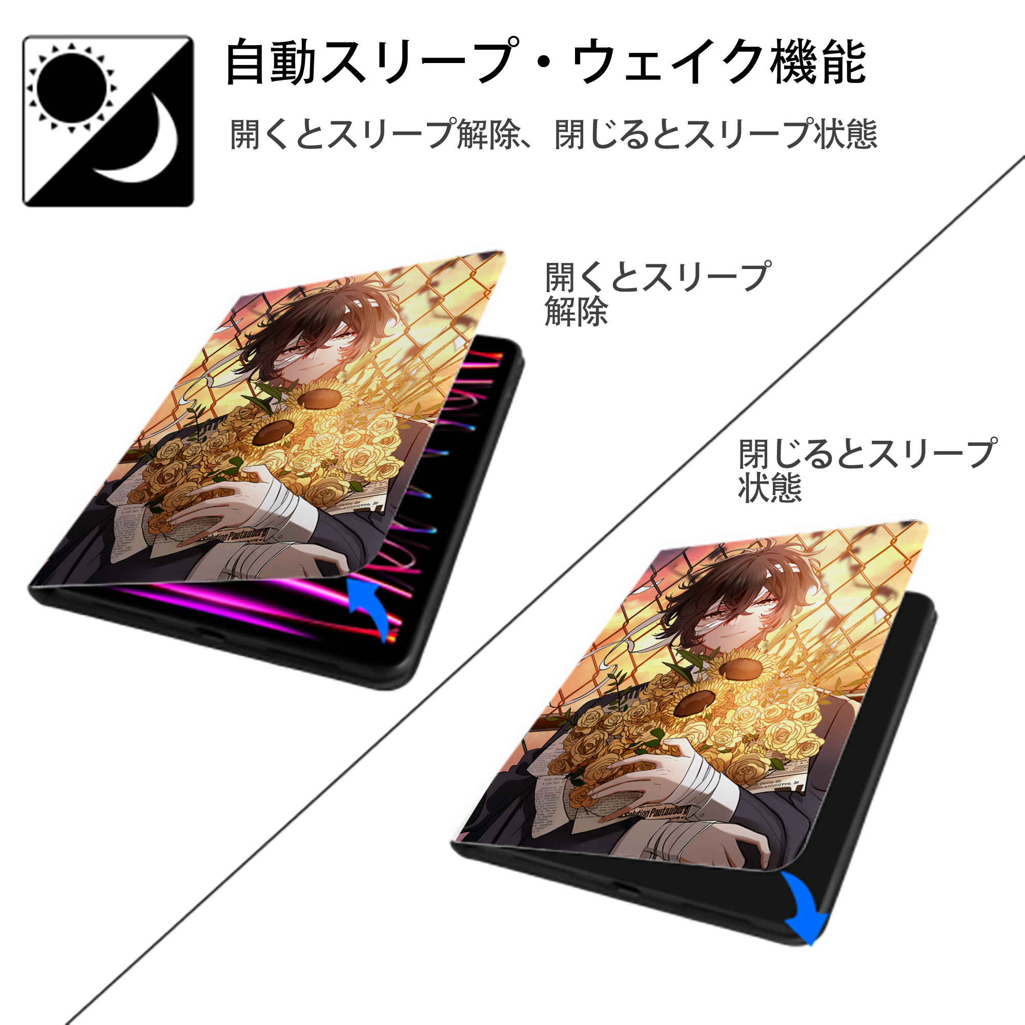 文豪ストレイドッグス Bungo Stray Dogs IPad ケース ペン収納付き 三つ折りスタンド PUレザー×シリコン 対応機種9.5/10.5/10.9インチ
