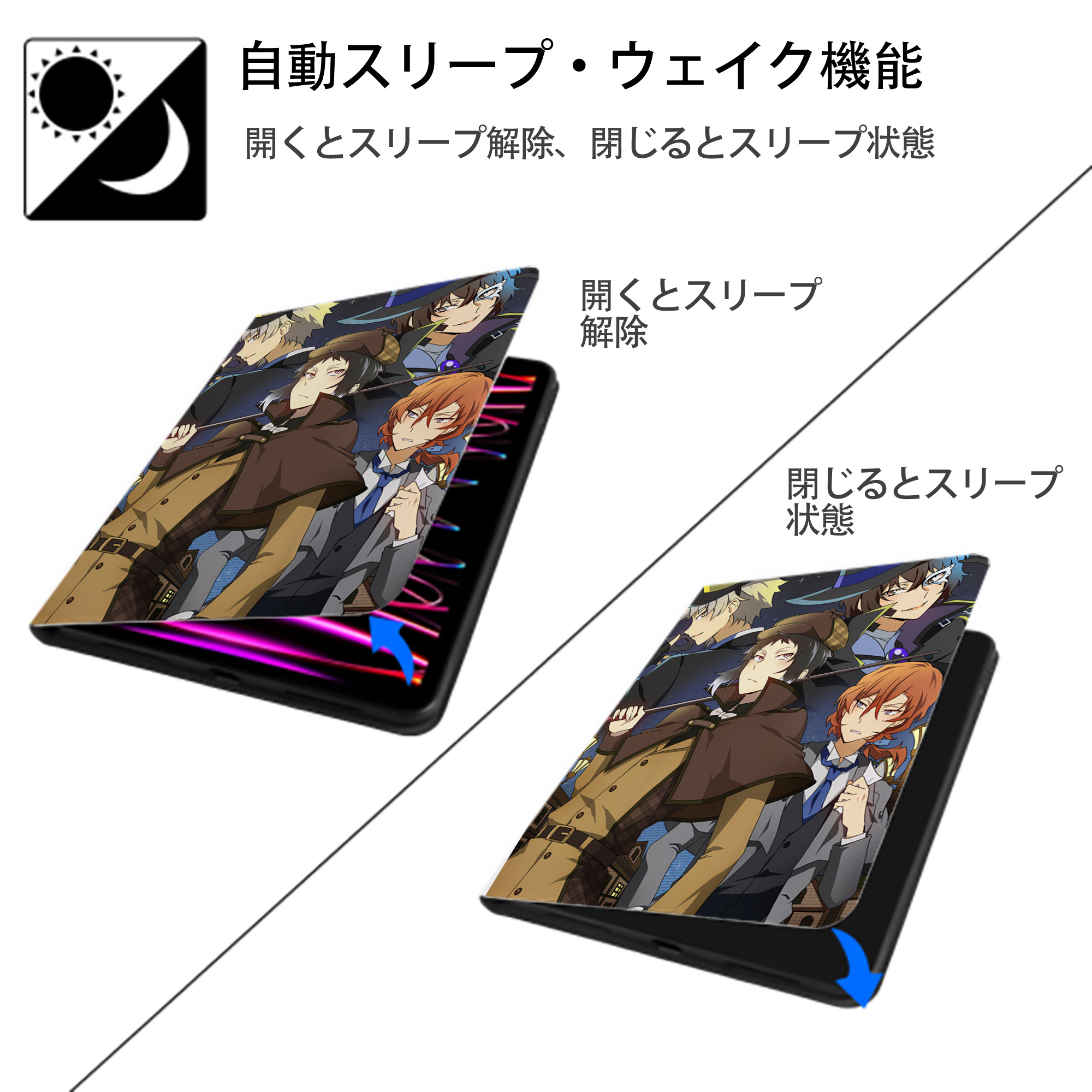 文豪ストレイドッグス Bungo Stray Dogs IPad ケース ペン収納付き 三つ折りスタンド PUレザー×シリコン 対応機種9.5/10.5/10.9インチ