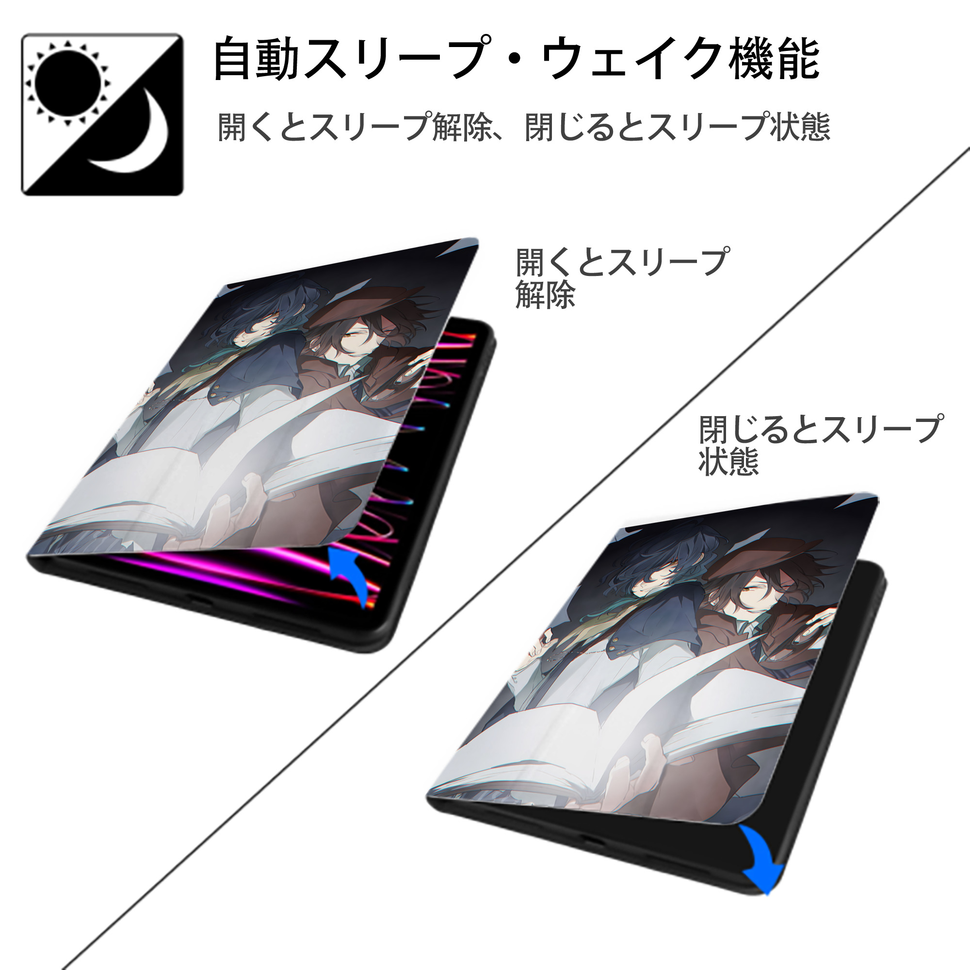 文豪ストレイドッグス Bungo Stray Dogs IPad ケース ペン収納付き 三つ折りスタンド PUレザー×シリコン 対応機種9.5/10.5/10.9インチ