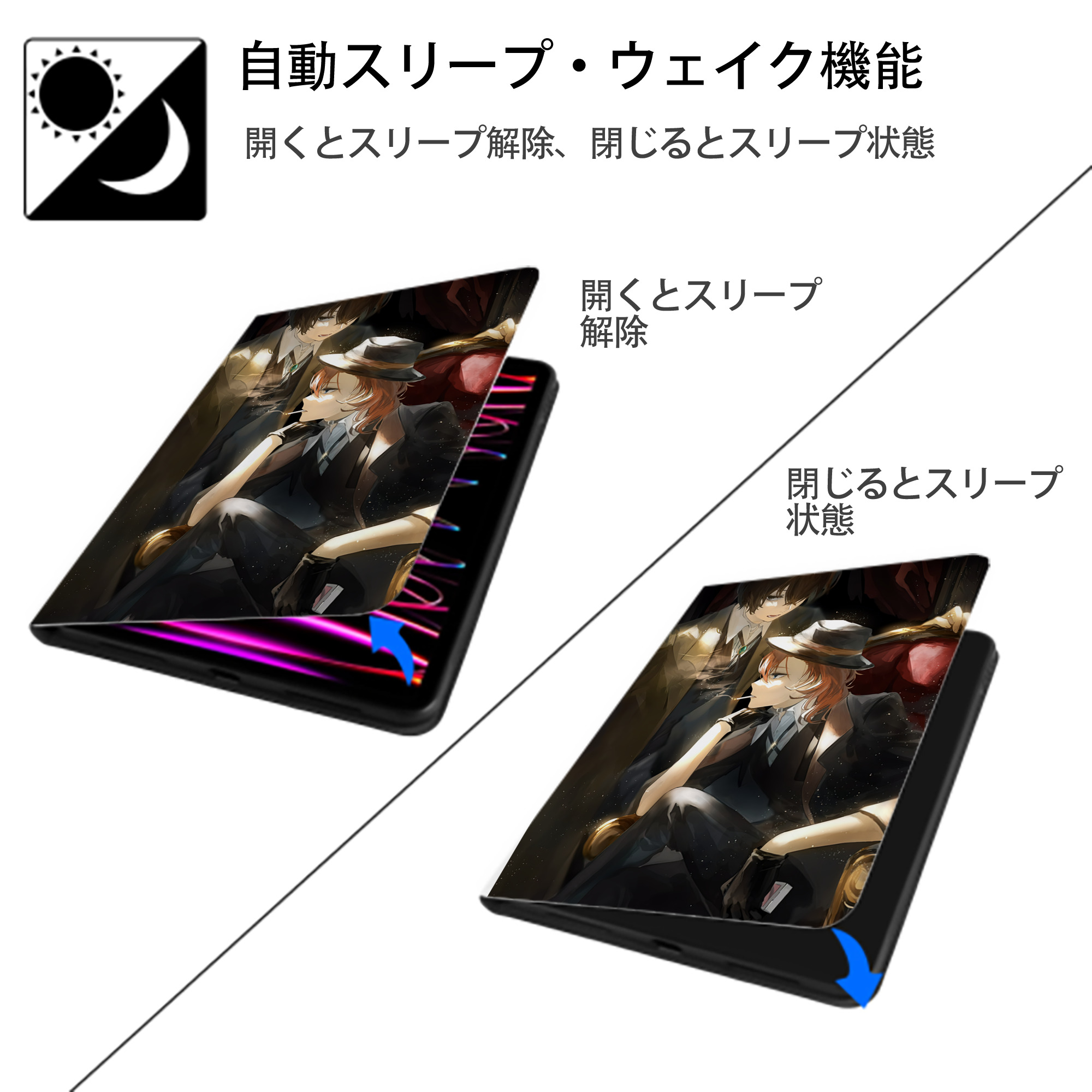 文豪ストレイドッグス Bungo Stray Dogs IPad ケース ペン収納付き 三つ折りスタンド PUレザー×シリコン 対応機種9.5/10.5/10.9インチ