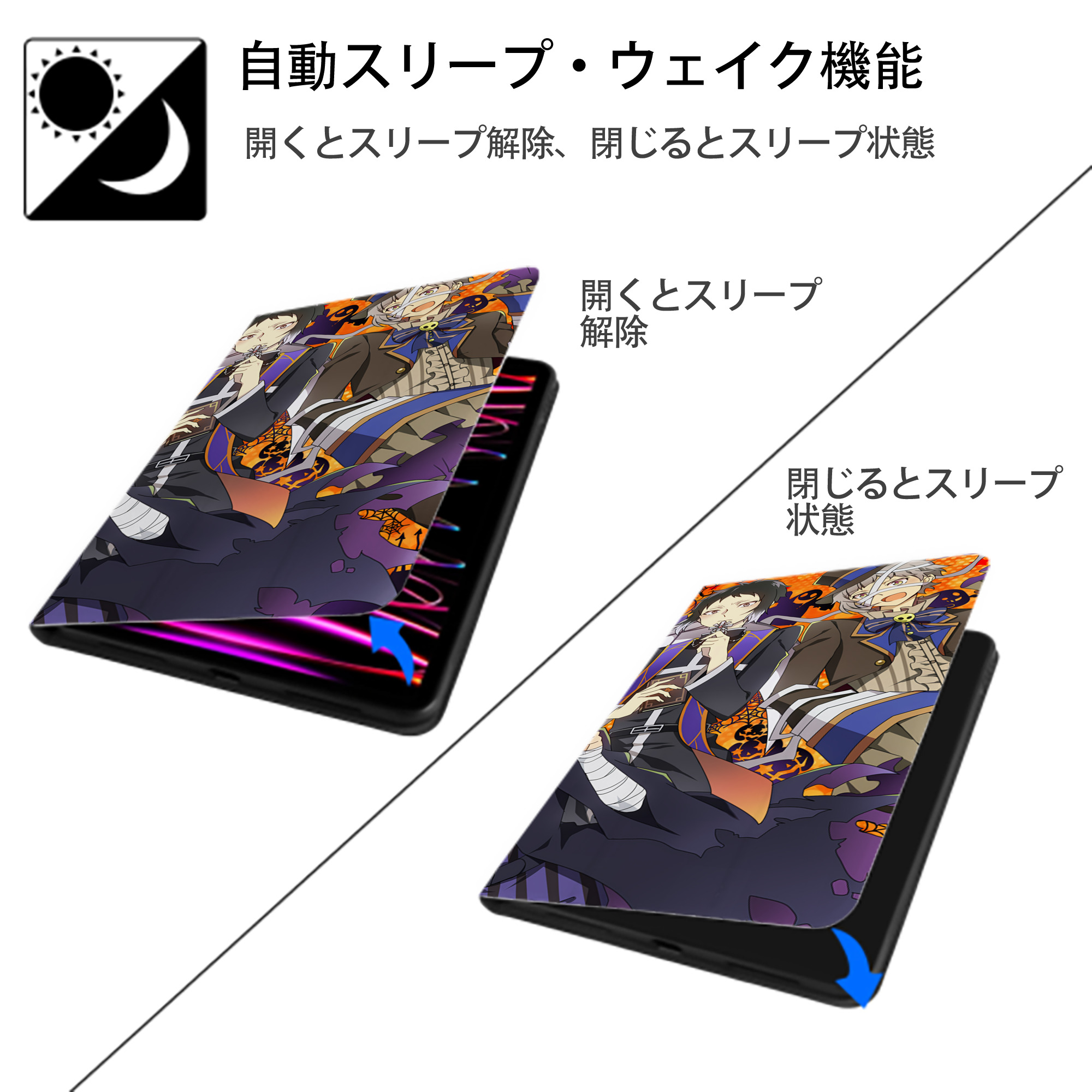 文豪ストレイドッグス Bungo Stray Dogs IPad ケース ブック型 PUレザー TPU 耐衝撃 軽量 薄型 ペン収納なし 全面保護 IPad 各モデル対応