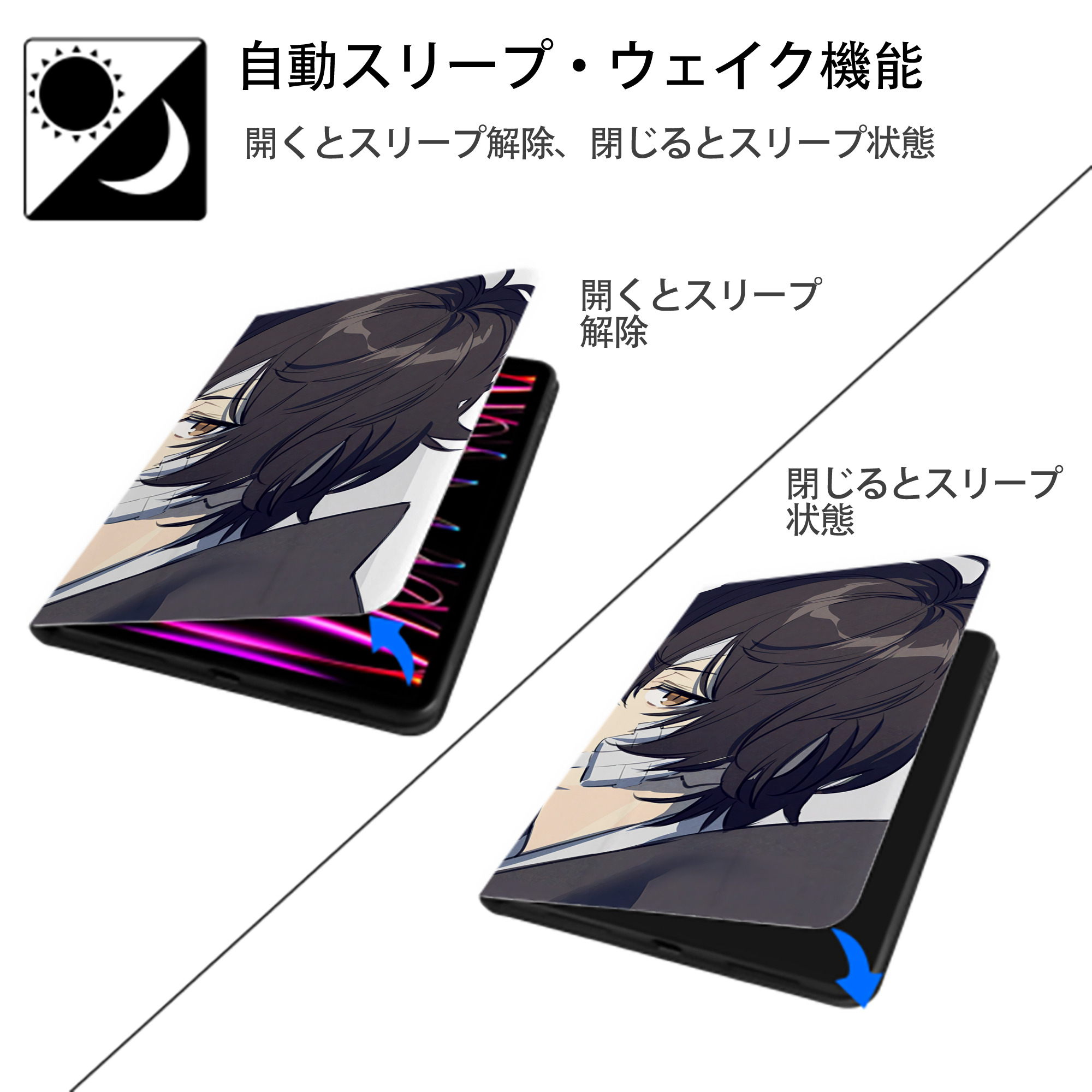 文豪ストレイドッグス Bungo Stray Dogs IPad ケース ブック型 PUレザー TPU 耐衝撃 軽量 薄型 ペン収納なし 全面保護 IPad 各モデル対応