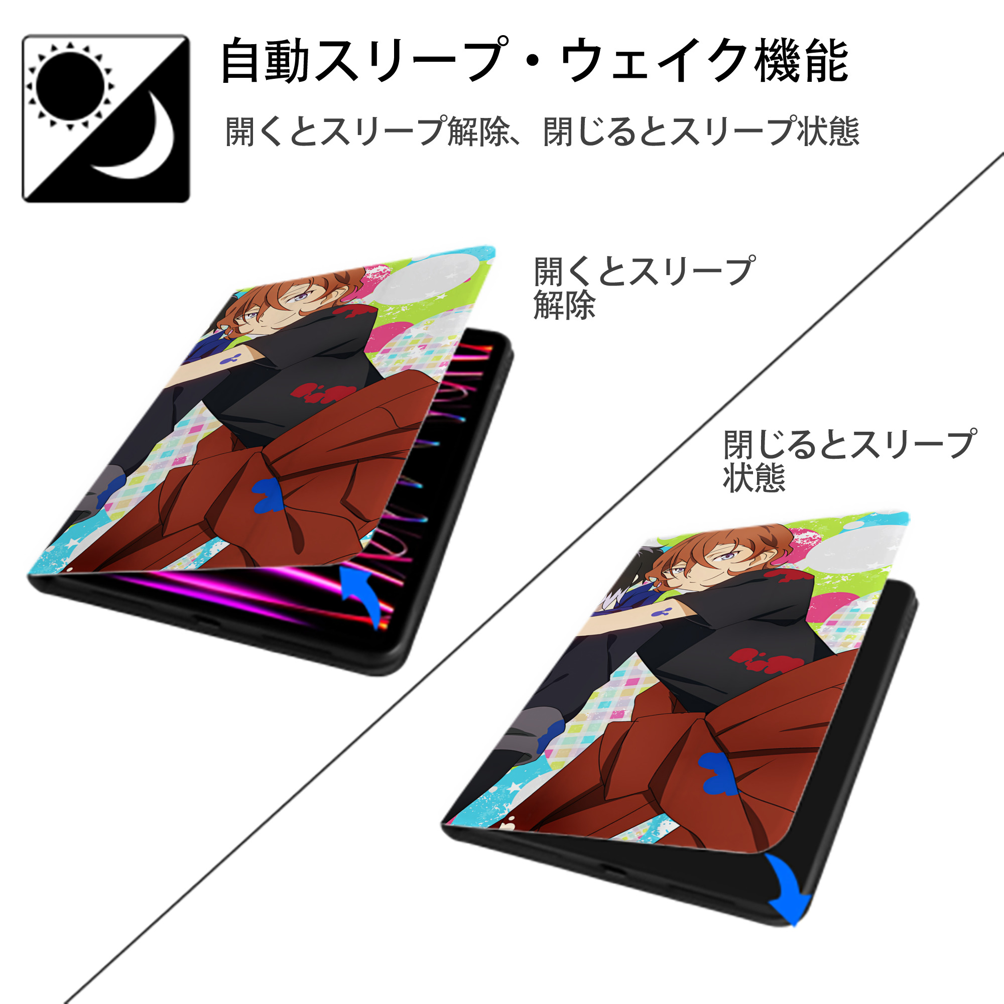 文豪ストレイドッグス Bungo Stray Dogs IPad ケース ブック型 PUレザー TPU 耐衝撃 軽量 薄型 ペン収納なし 全面保護 IPad 各モデル対応