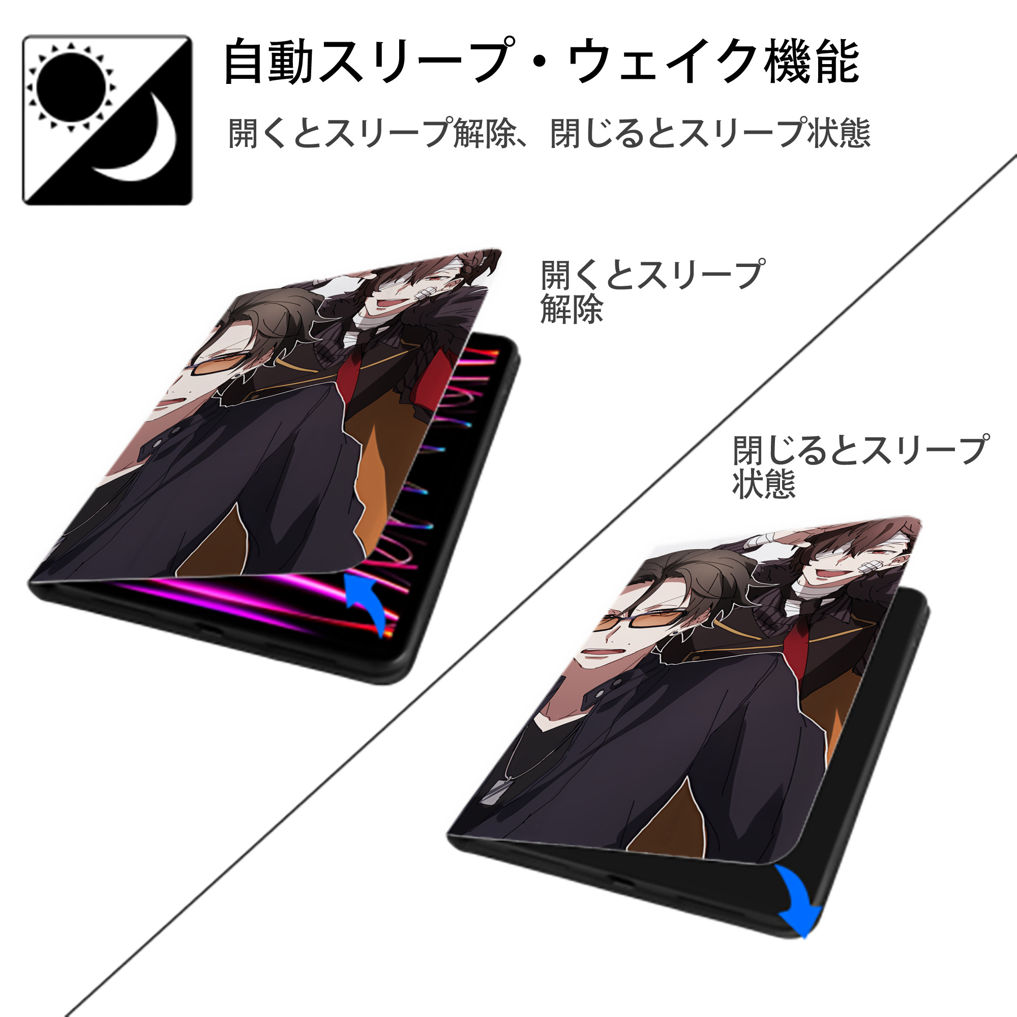 文豪ストレイドッグス Bungo Stray Dogs IPad ケース ブック型 PUレザー TPU 耐衝撃 軽量 薄型 ペン収納なし 全面保護 IPad 各モデル対応