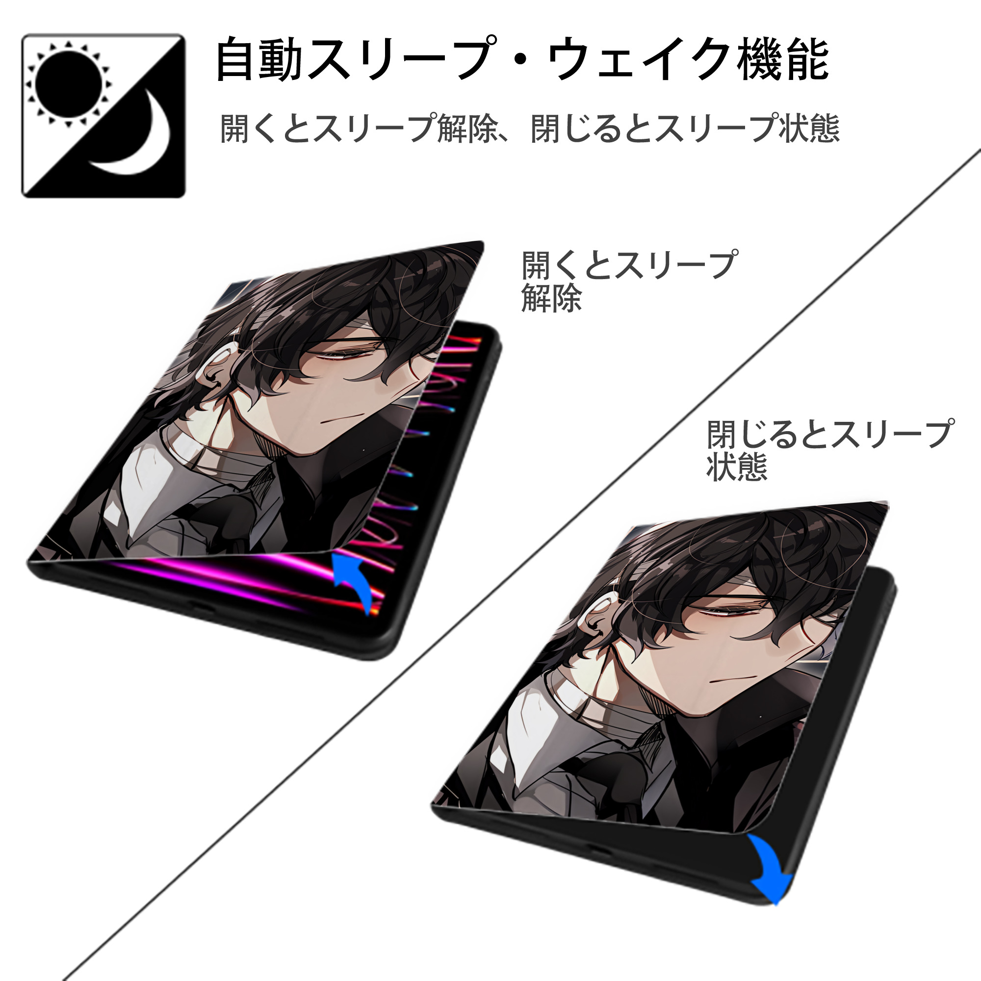 文豪ストレイドッグス Bungo Stray Dogs IPad ケース ブック型 PUレザー TPU 耐衝撃 軽量 薄型 ペン収納なし 全面保護 IPad 各モデル対応
