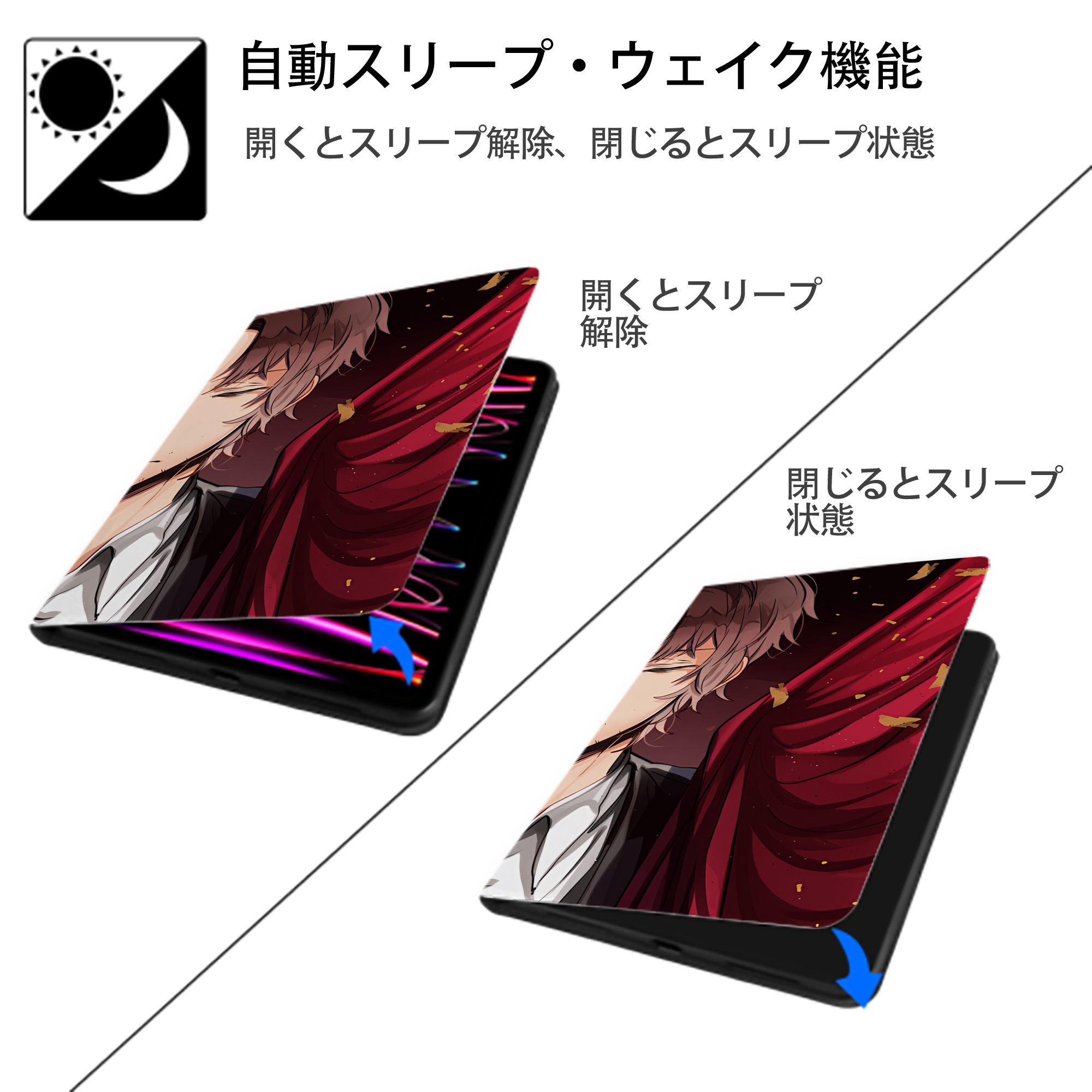 文豪ストレイドッグス Bungo Stray Dogs IPad ケース ブック型 PUレザー TPU 耐衝撃 軽量 薄型 ペン収納なし 全面保護 IPad 各モデル対応
