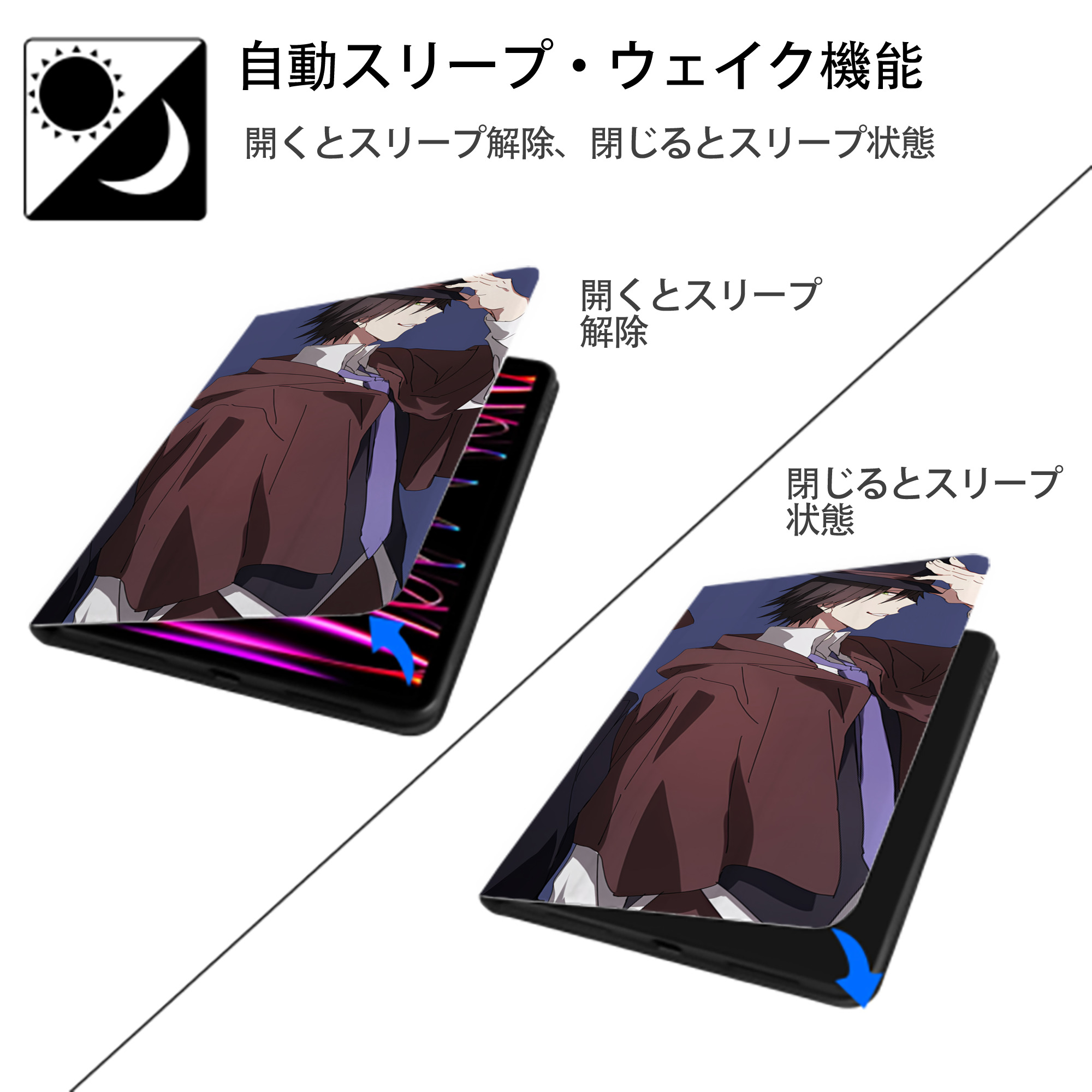 文豪ストレイドッグス Bungo Stray Dogs IPad ケース ブック型 PUレザー TPU 耐衝撃 軽量 薄型 ペン収納なし 全面保護 IPad 各モデル対応