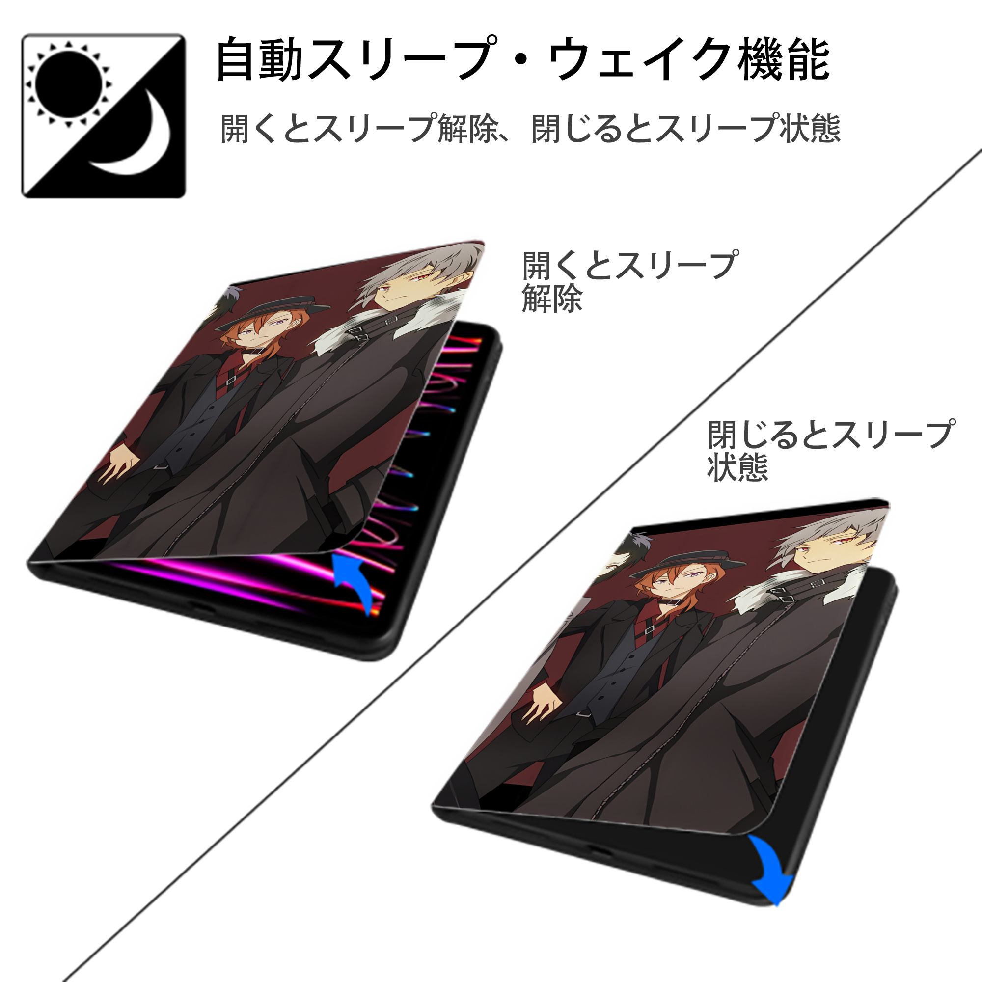文豪ストレイドッグス Bungo Stray Dogs IPad ケース ブック型 PUレザー TPU 耐衝撃 軽量 薄型 ペン収納なし 全面保護 IPad 各モデル対応