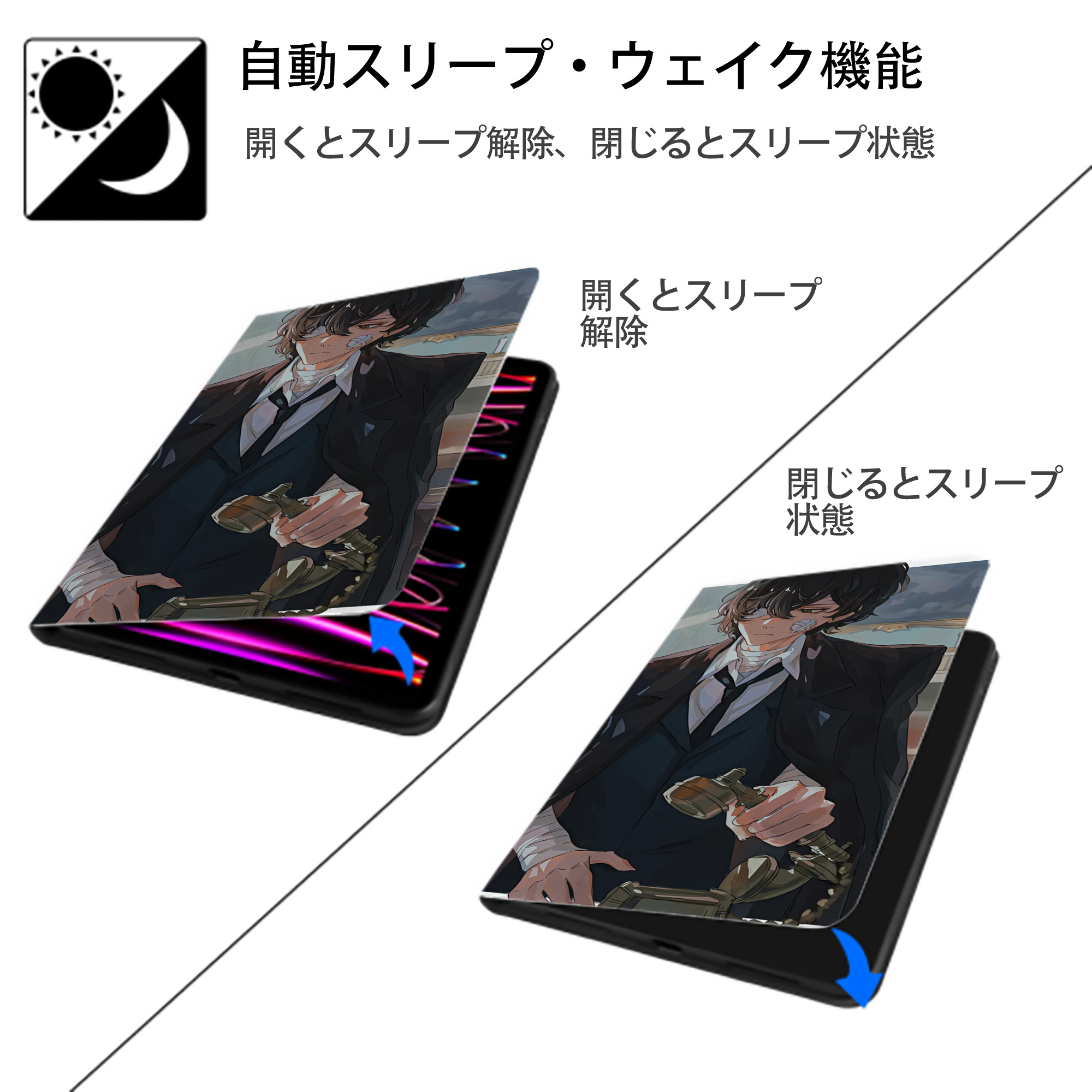 文豪ストレイドッグス Bungo Stray Dogs IPad ケース ブック型 PUレザー TPU 耐衝撃 軽量 薄型 ペン収納なし 全面保護 IPad 各モデル対応