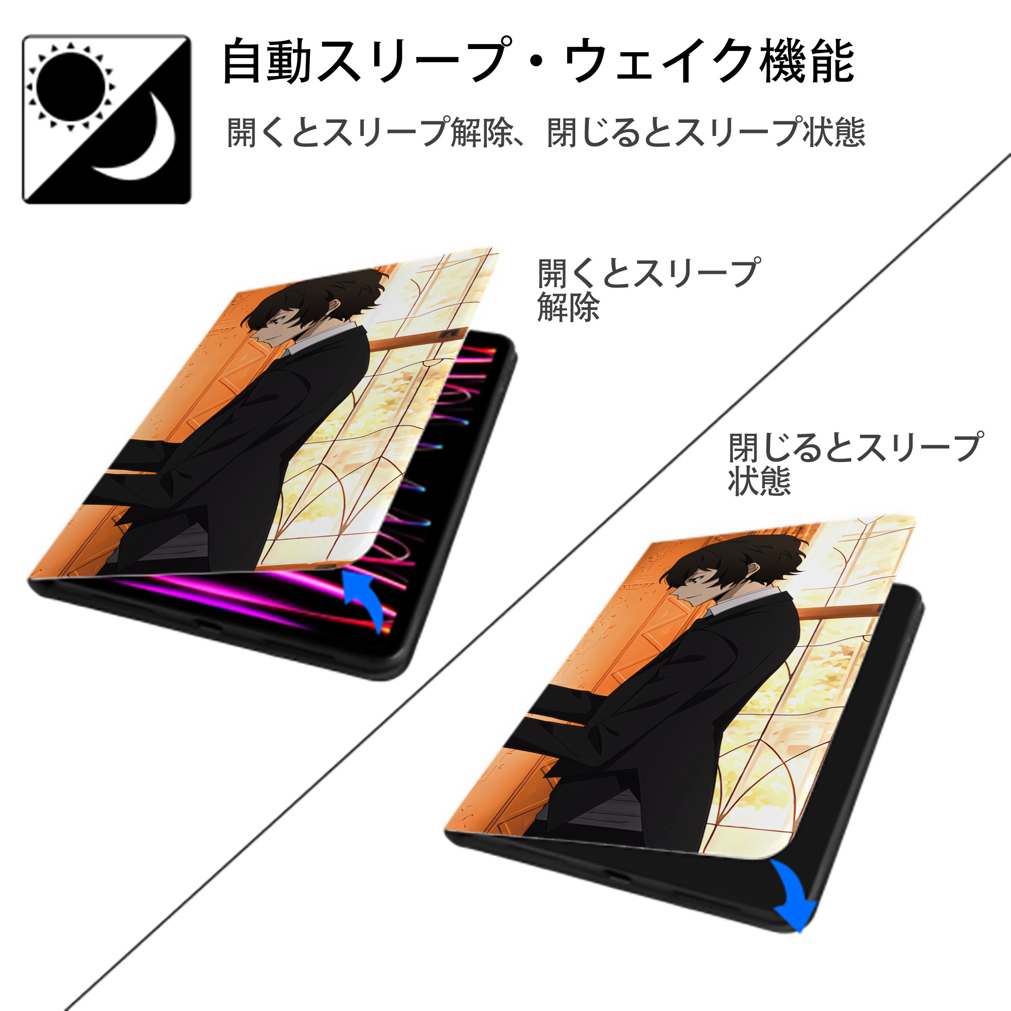 文豪ストレイドッグス Bungo Stray Dogs IPad ケース ブック型 PUレザー TPU 耐衝撃 軽量 薄型 ペン収納なし 全面保護 IPad 各モデル対応