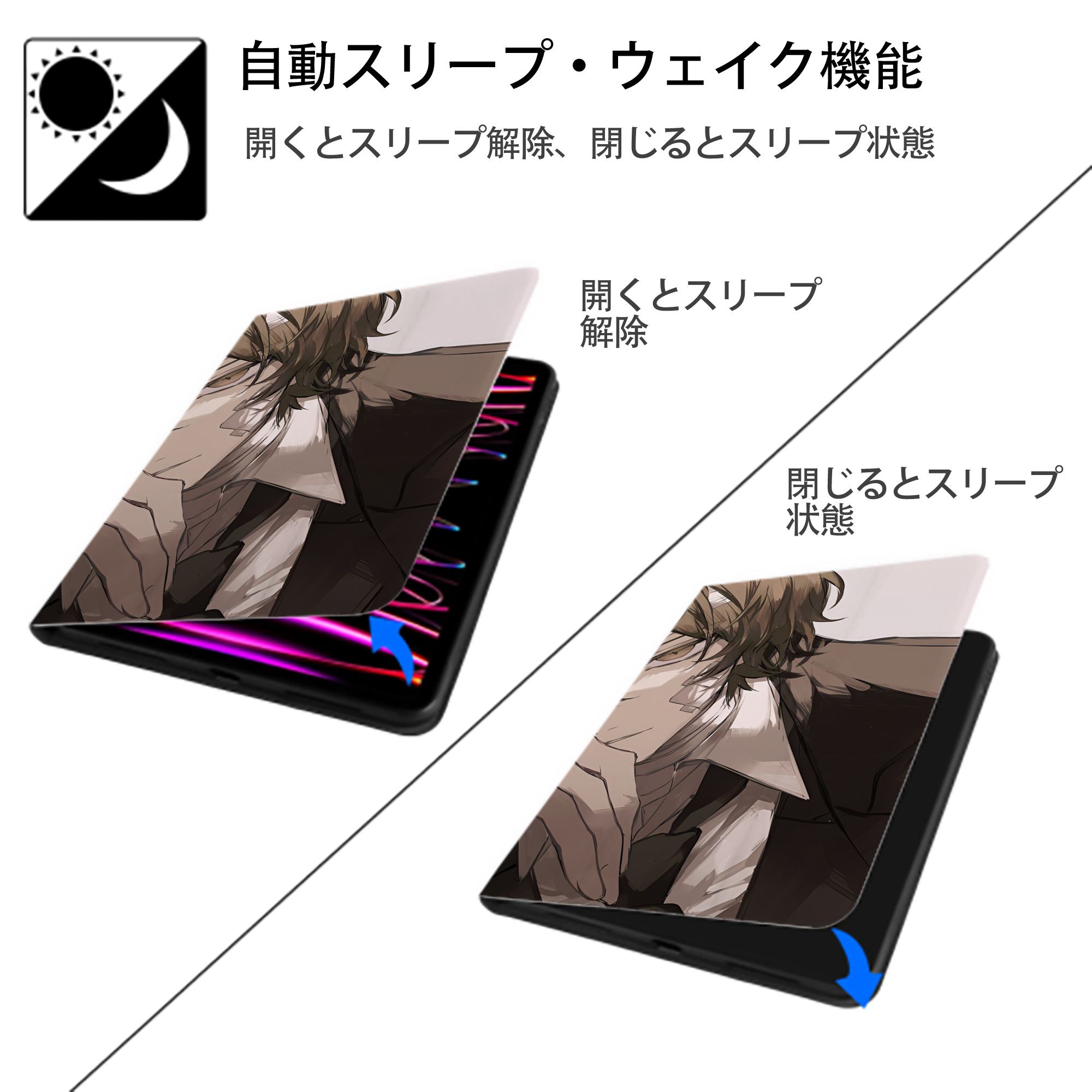 文豪ストレイドッグス Bungo Stray Dogs IPad ケース ブック型 PUレザー TPU 耐衝撃 軽量 薄型 ペン収納なし 全面保護 IPad 各モデル対応