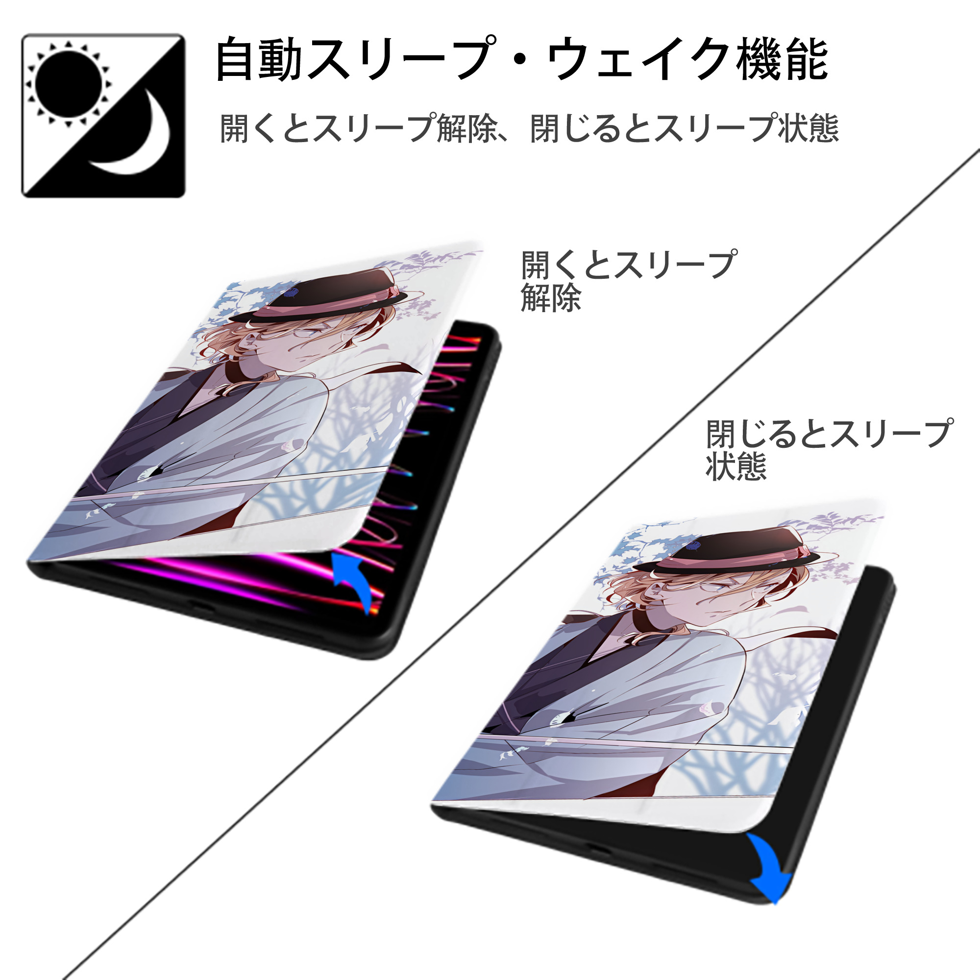 文豪ストレイドッグス Bungo Stray Dogs IPad ケース ブック型 PUレザー TPU 耐衝撃 軽量 薄型 ペン収納なし 全面保護 IPad 各モデル対応
