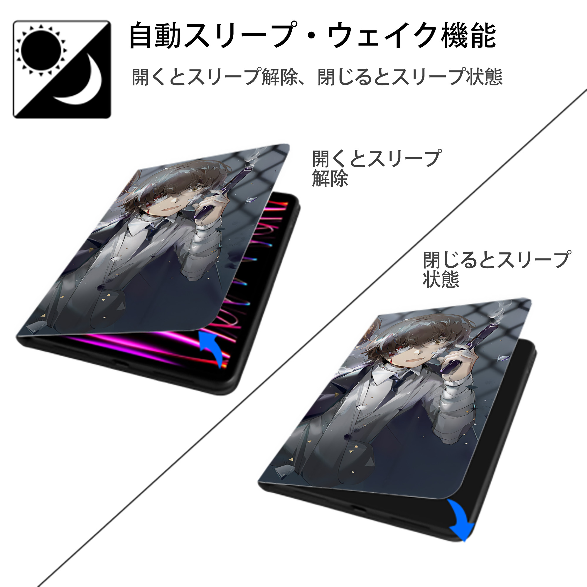 文豪ストレイドッグス Bungo Stray Dogs IPad ケース ブック型 PUレザー TPU 耐衝撃 軽量 薄型 ペン収納なし 全面保護 IPad 各モデル対応