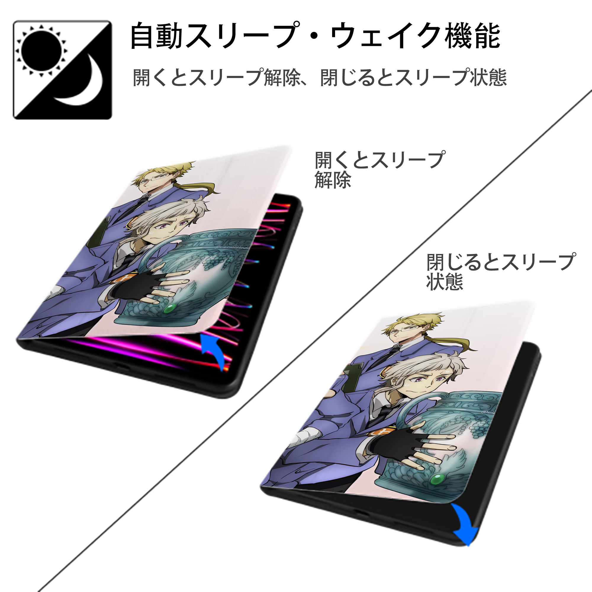 文豪ストレイドッグス Bungo Stray Dogs IPad ケース ブック型 PUレザー TPU 耐衝撃 軽量 薄型 ペン収納なし 全面保護 IPad 各モデル対応