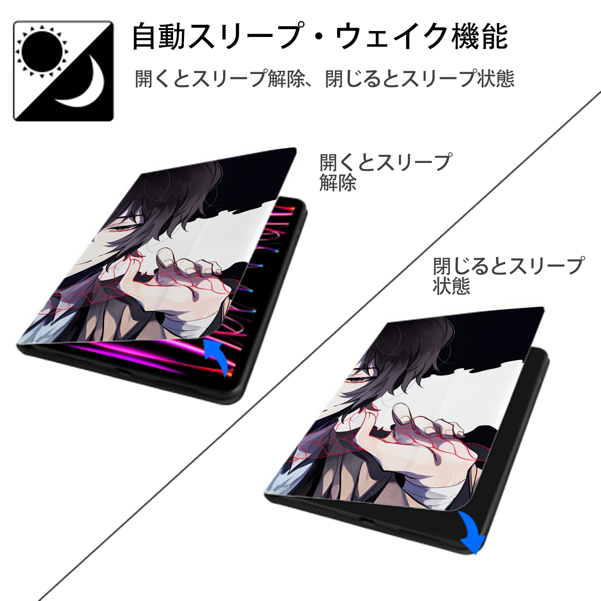 文豪ストレイドッグス Bungo Stray Dogs IPad ケース ブック型 PUレザー TPU 耐衝撃 軽量 薄型 ペン収納なし 全面保護 IPad 各モデル対応
